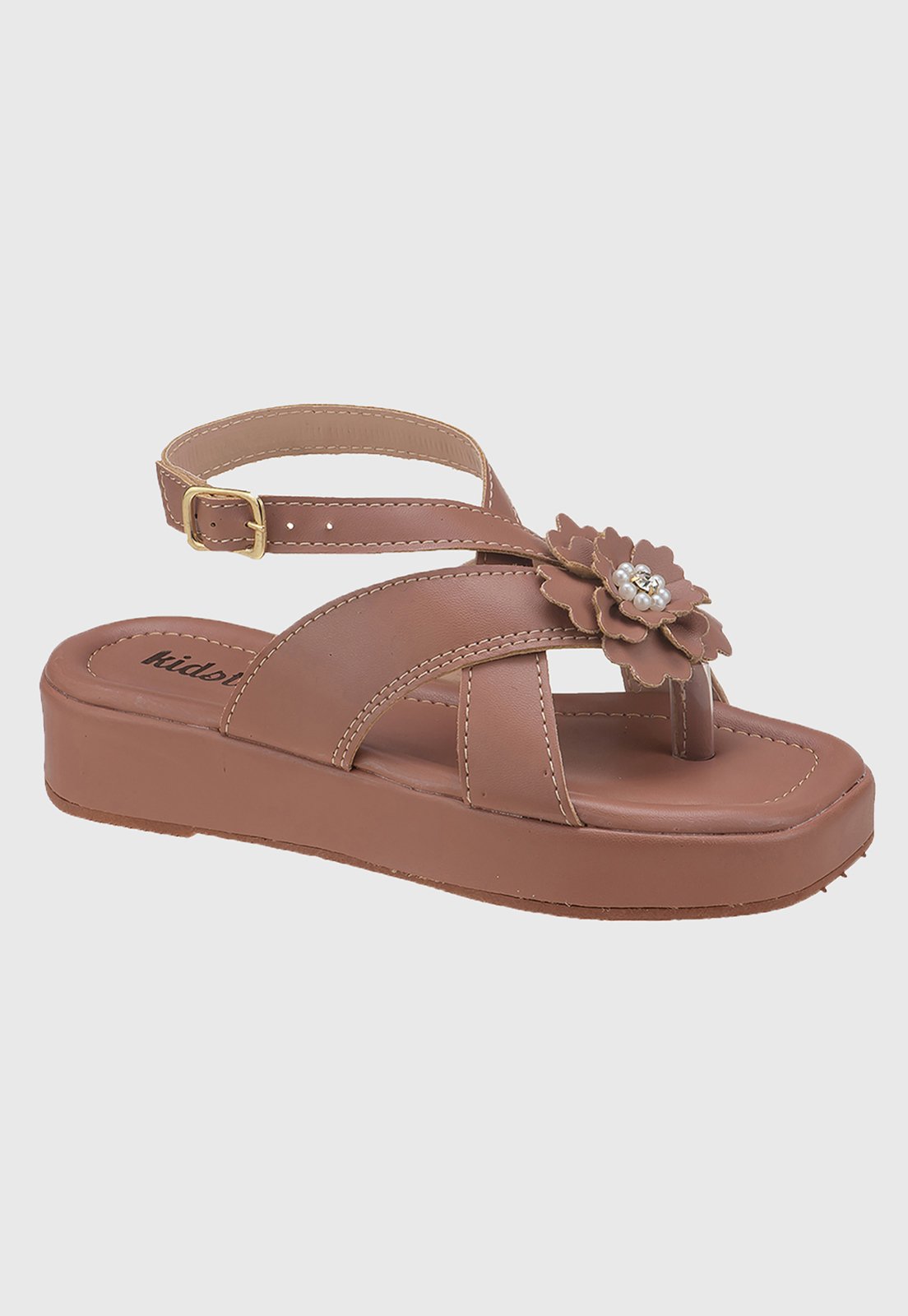 Infantil – Sandália Menina Plataforma Flat Marrom com Flor tep
