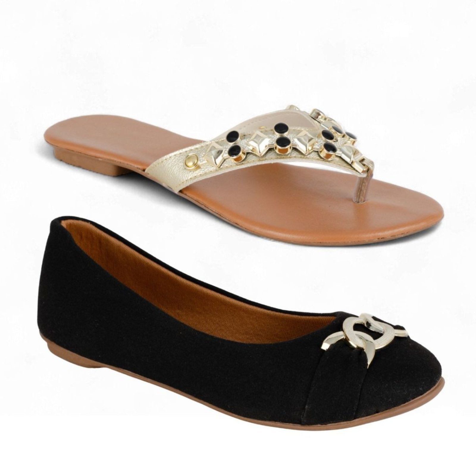 Kit Sapatilha Bico Redondo Feminina e Rasteirinha Casual Mr Try Shoes Macia Confortável Preto