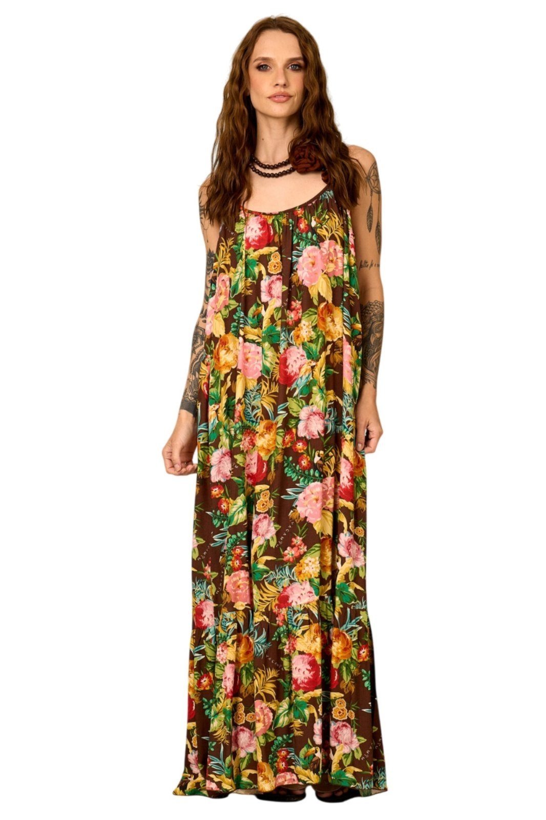 Vestido Longo De Alças Reguláveis Marrom Floral Yacamim C16 – Estampado