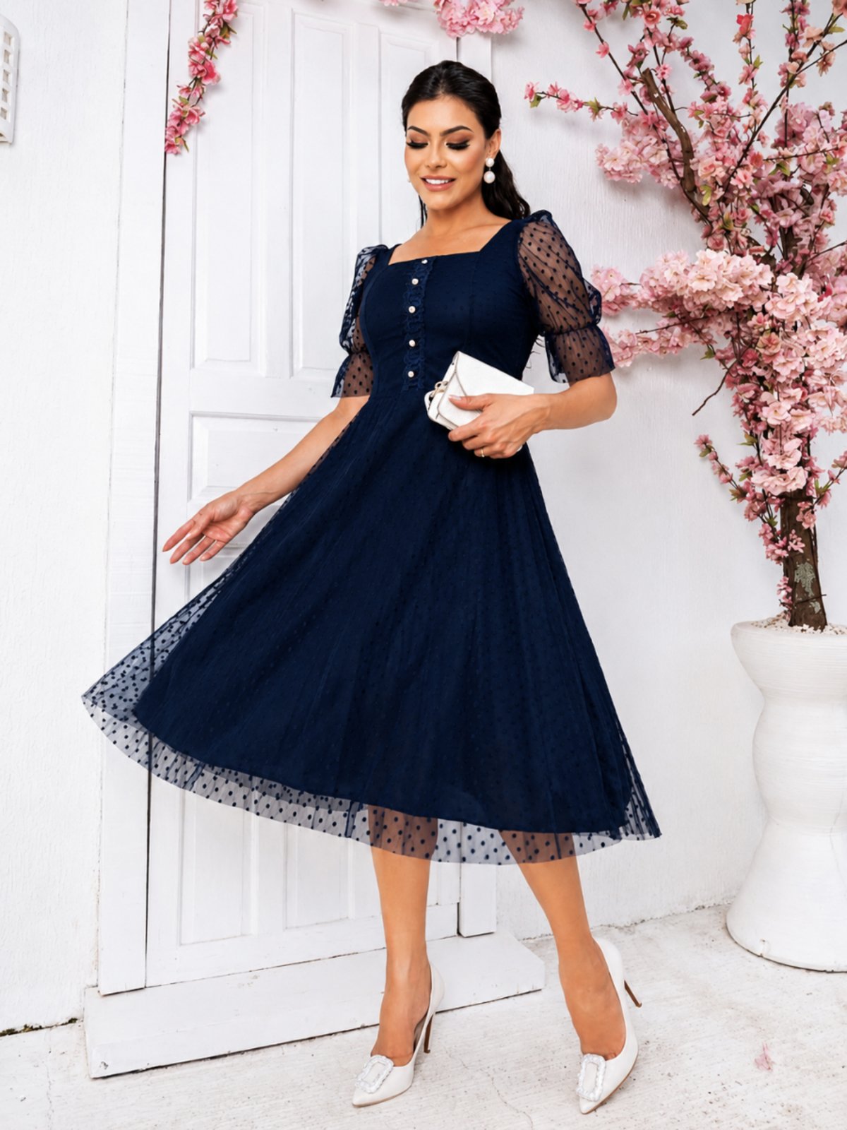 Vestido Midi de Festa Tule Poa Manga Princesa Bufante Modesto Casamento Civil Madrinha Azul Marinho