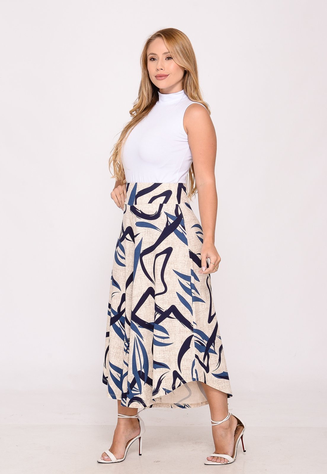 Vista 3 Calça Pantacourt com Cós BBonnie Noemi Estampa Bege azul BBonnie azul