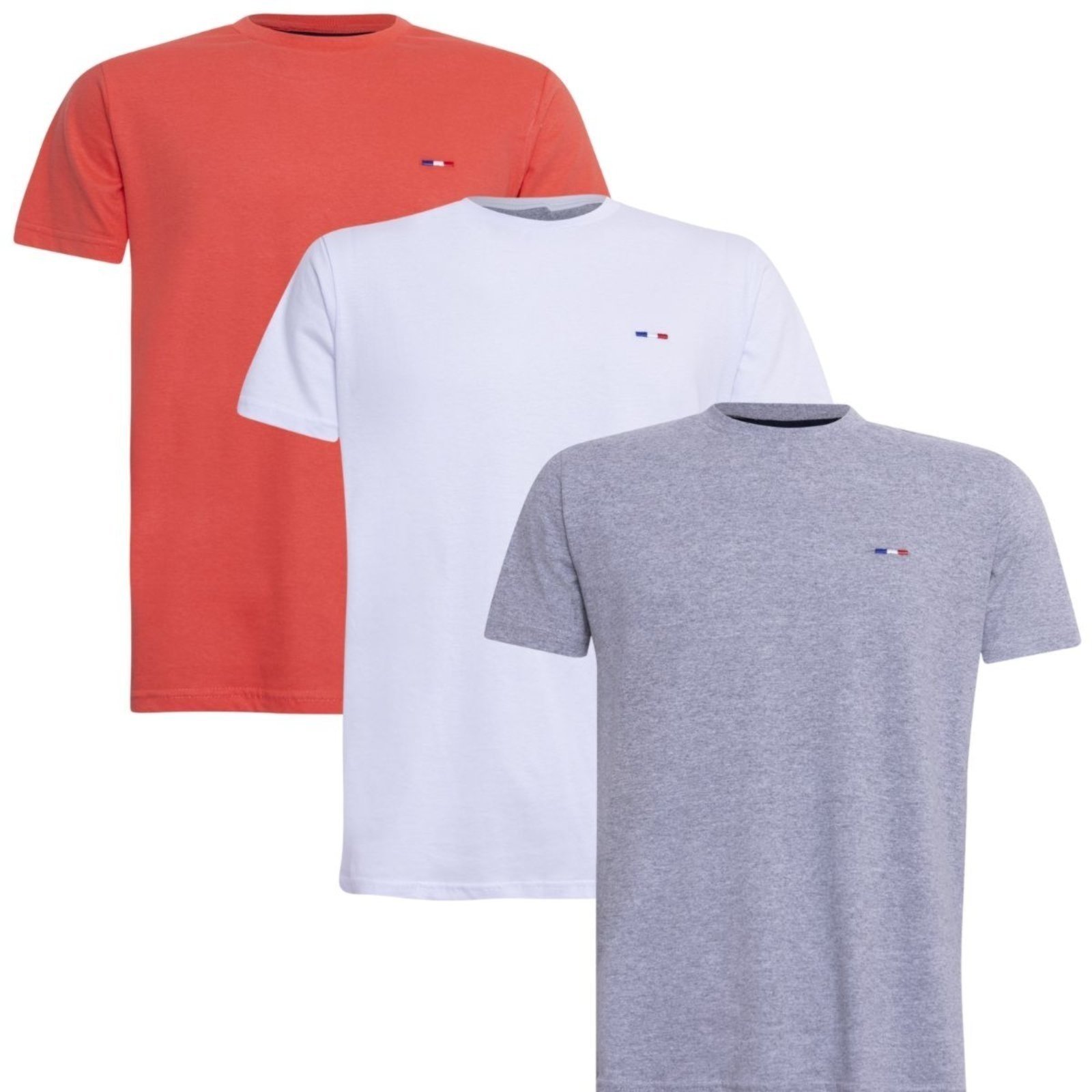 Kit 3 Peças Camisetas FMF Básicas Masculina em Algodão Premium no Estilo Tommy Bordado França Cinza Laranja Br