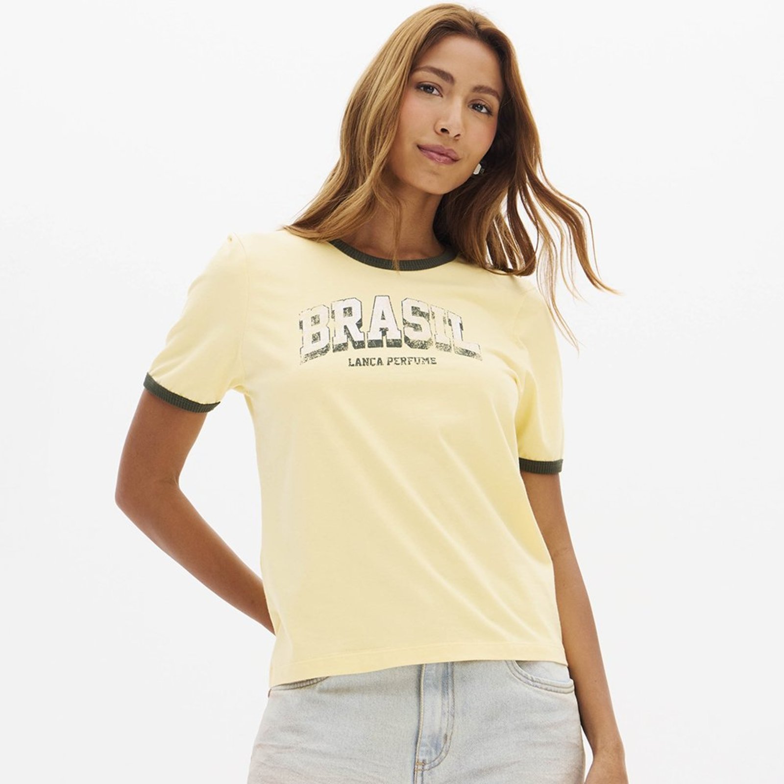 Camiseta Lança Perfume Baby Look Bicolor In26 Bege Feminino