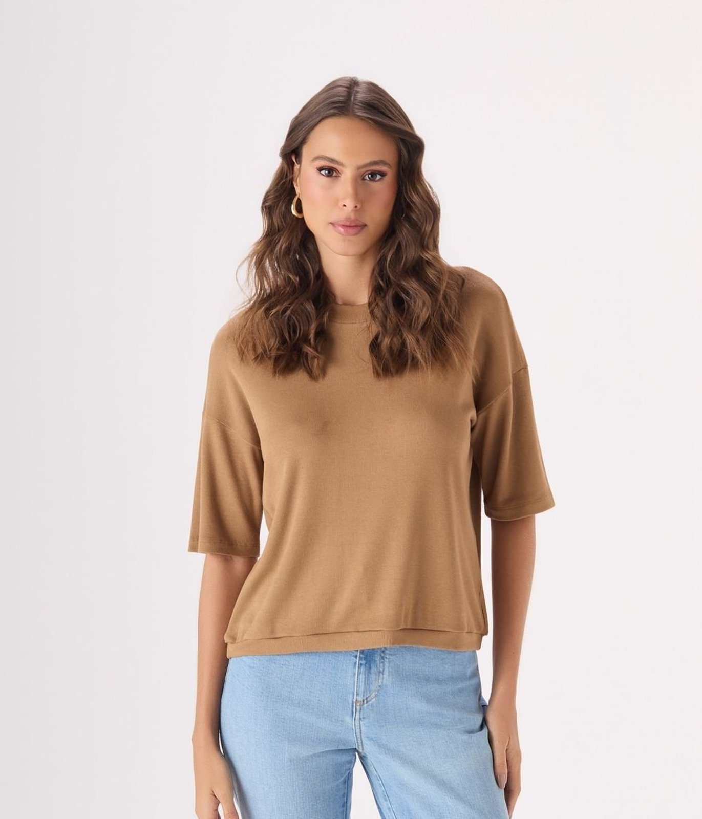 Blusa Makenji Malha Canelada Premium Ampla Feminina Bege Escuro