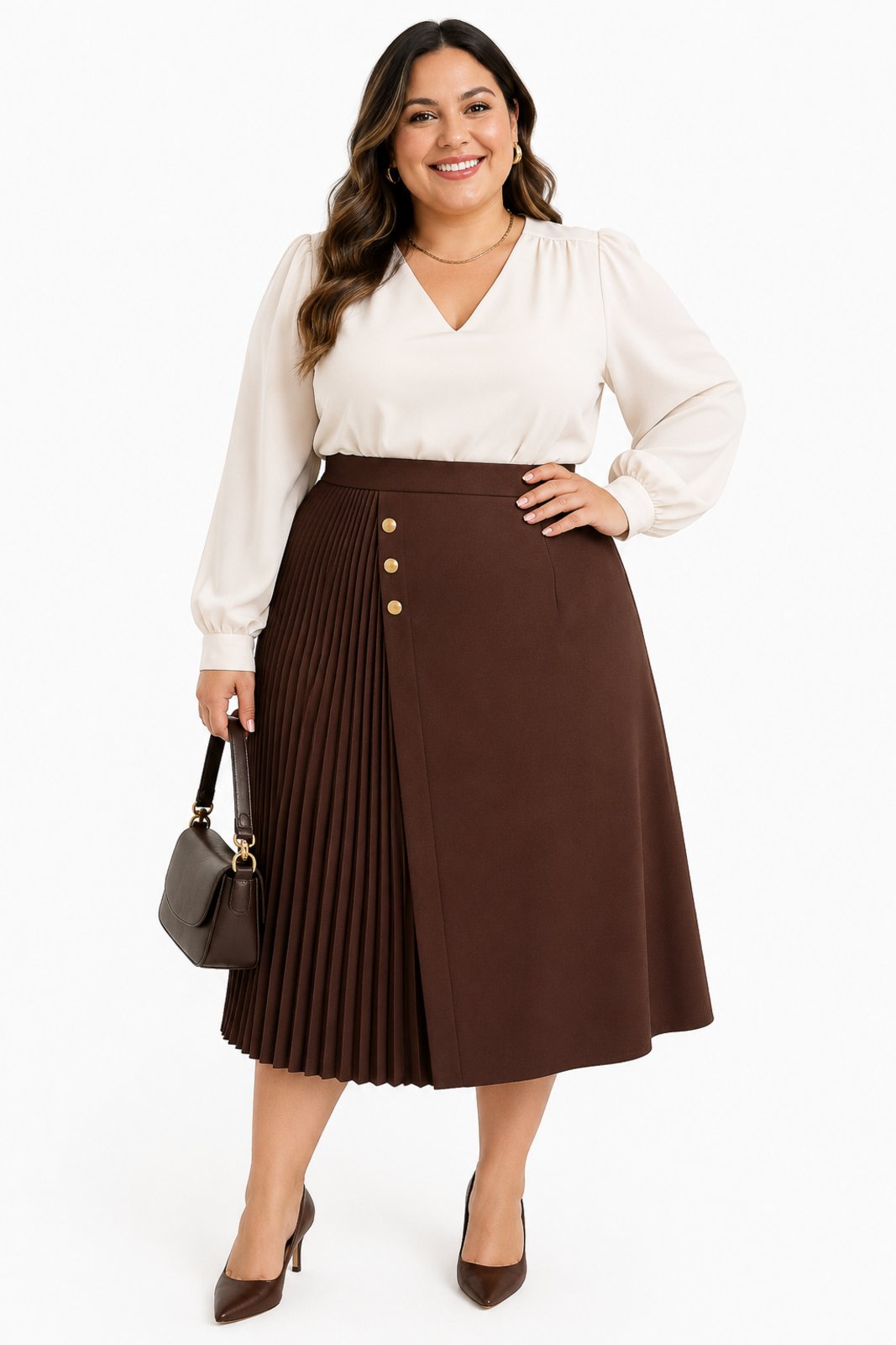 Saia Midi Plus Size D Bell Outlet Fashion Alfaiataria Marrom