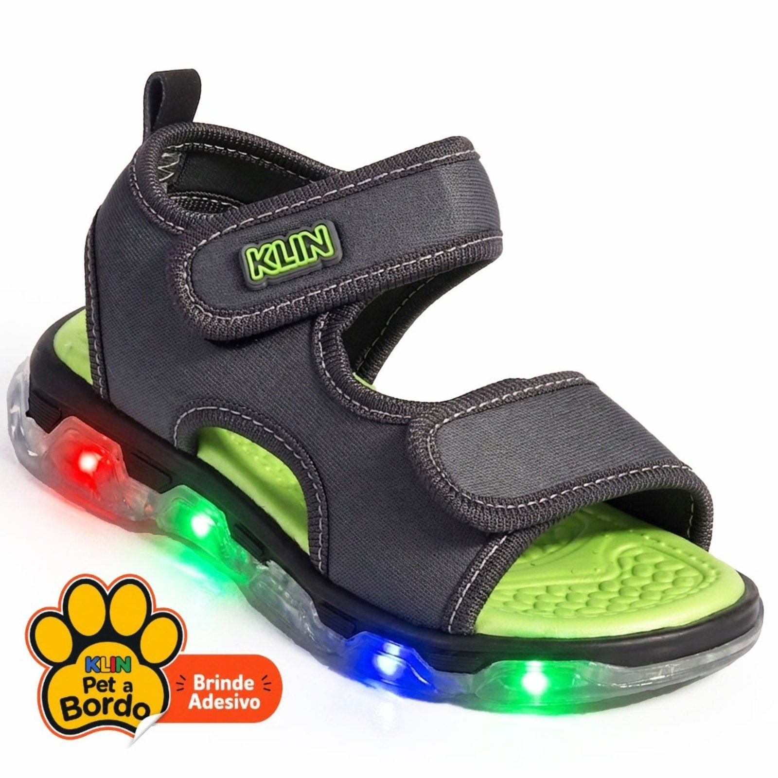 Infantil - Sandália Papete Klin Light Menino com LED - Grafite e Verde