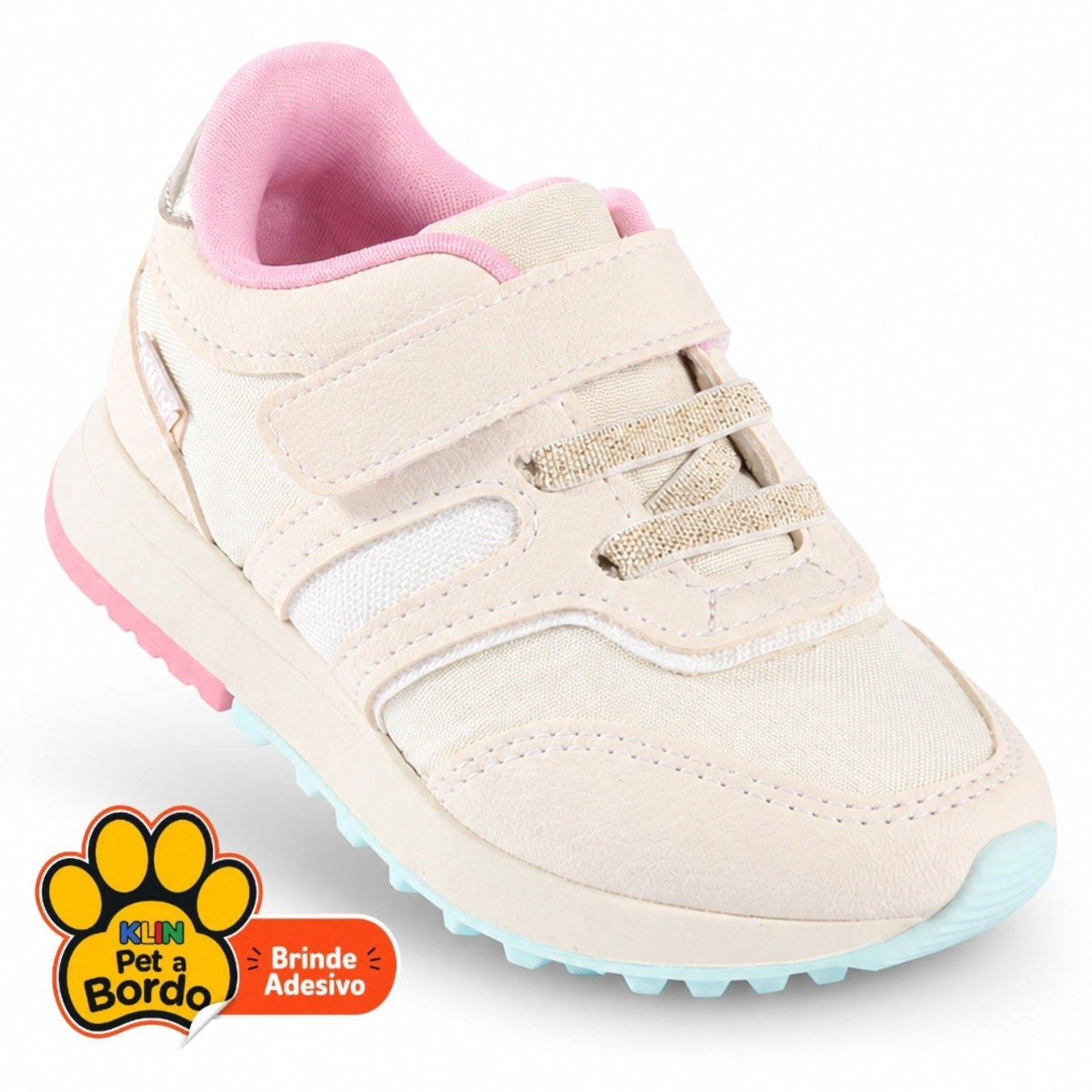 Infantil - Tênis Feminino Klin Walk Off-White com Detalhes Rosa e Azul