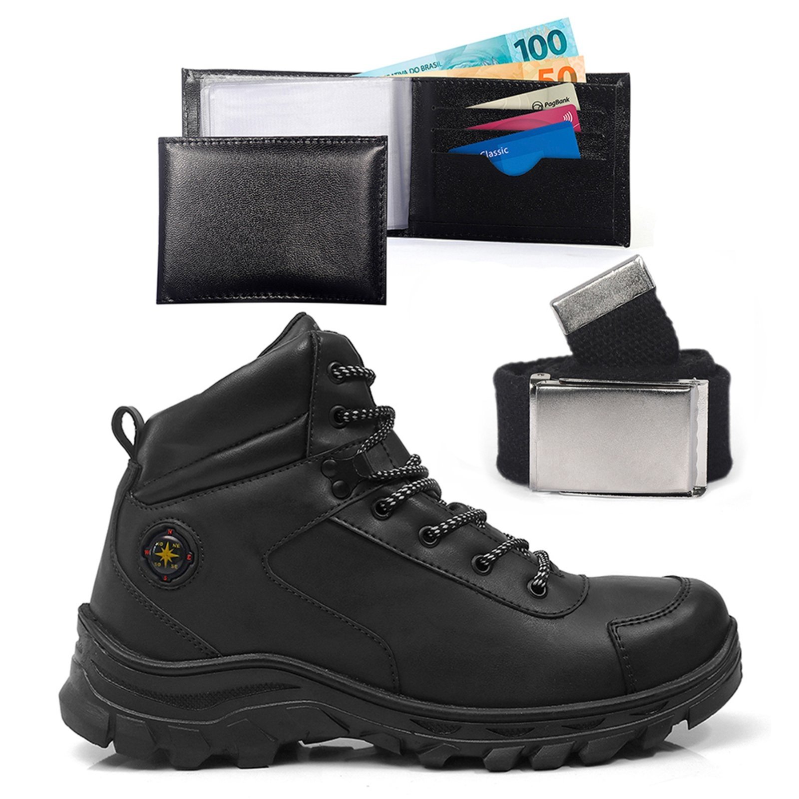Tenis Trilha Masculino Com Carteira E Cinto Solado Antiderrapante Bota Adventure Resistente Confortavel Preto