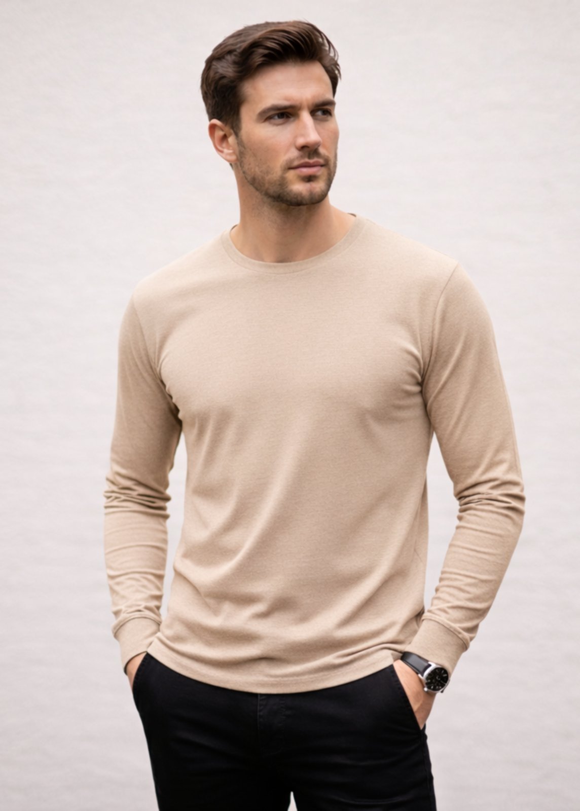 Camiseta Básica Manga Longa Masculina Slim Confortável - Bege