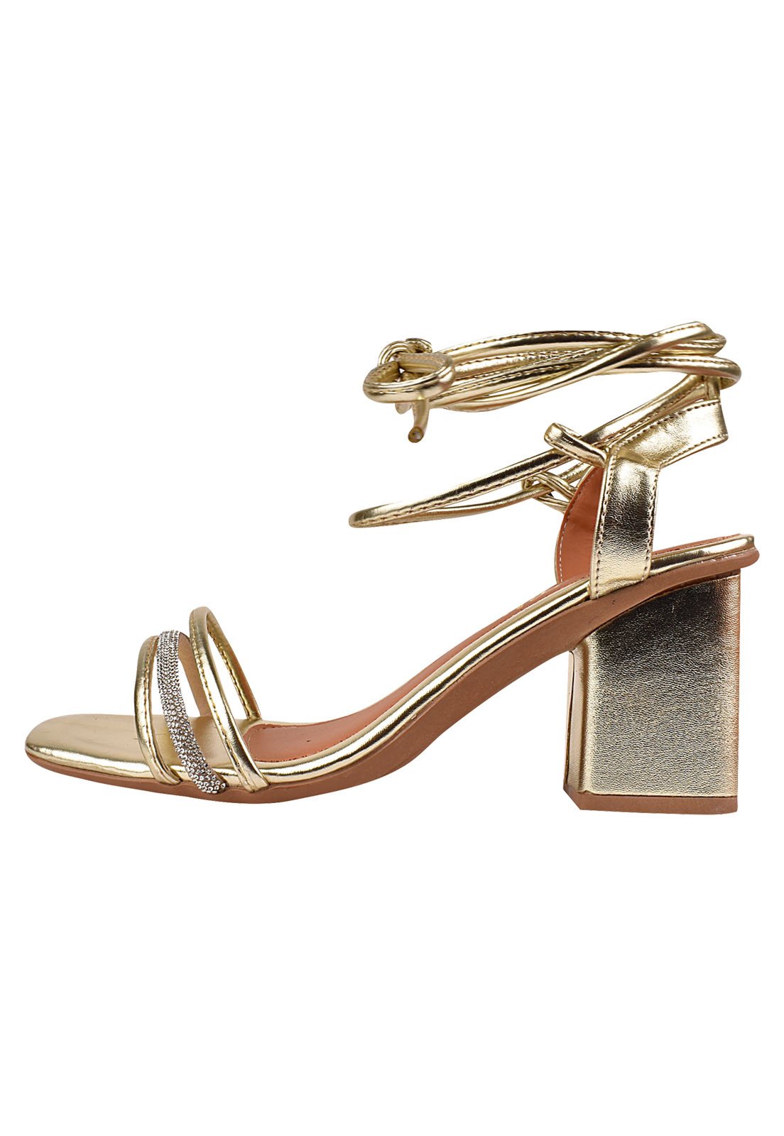 Sandália Feminina Salto Baixo 5cm Bloco Amarração Strass Brilho Bico Quadrado Amarração