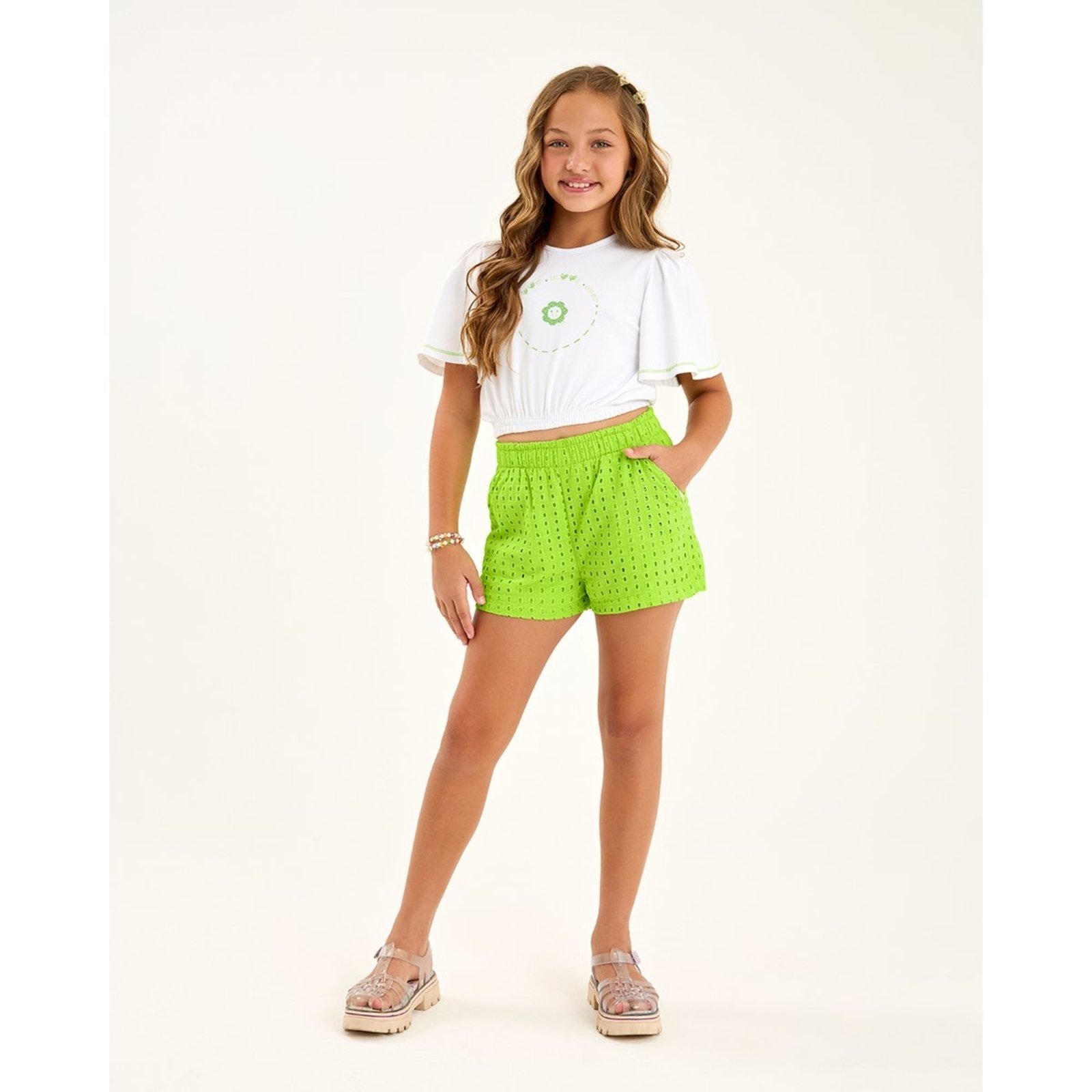 Infantil - Conjunto Menina com Blusa Cropped em Cotton e Short em Algodão Passion
