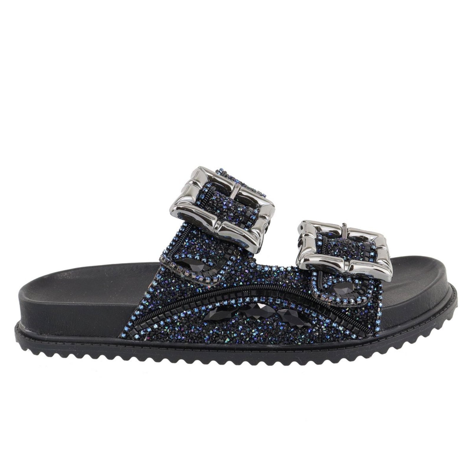 Vista 3 Papete Rasteira Feminina Paula B Em Pedraria Feita A Mão Com Brilhos Strass Miçangas E Fivela Pamilha Confort multicolor PAULA B multicolor