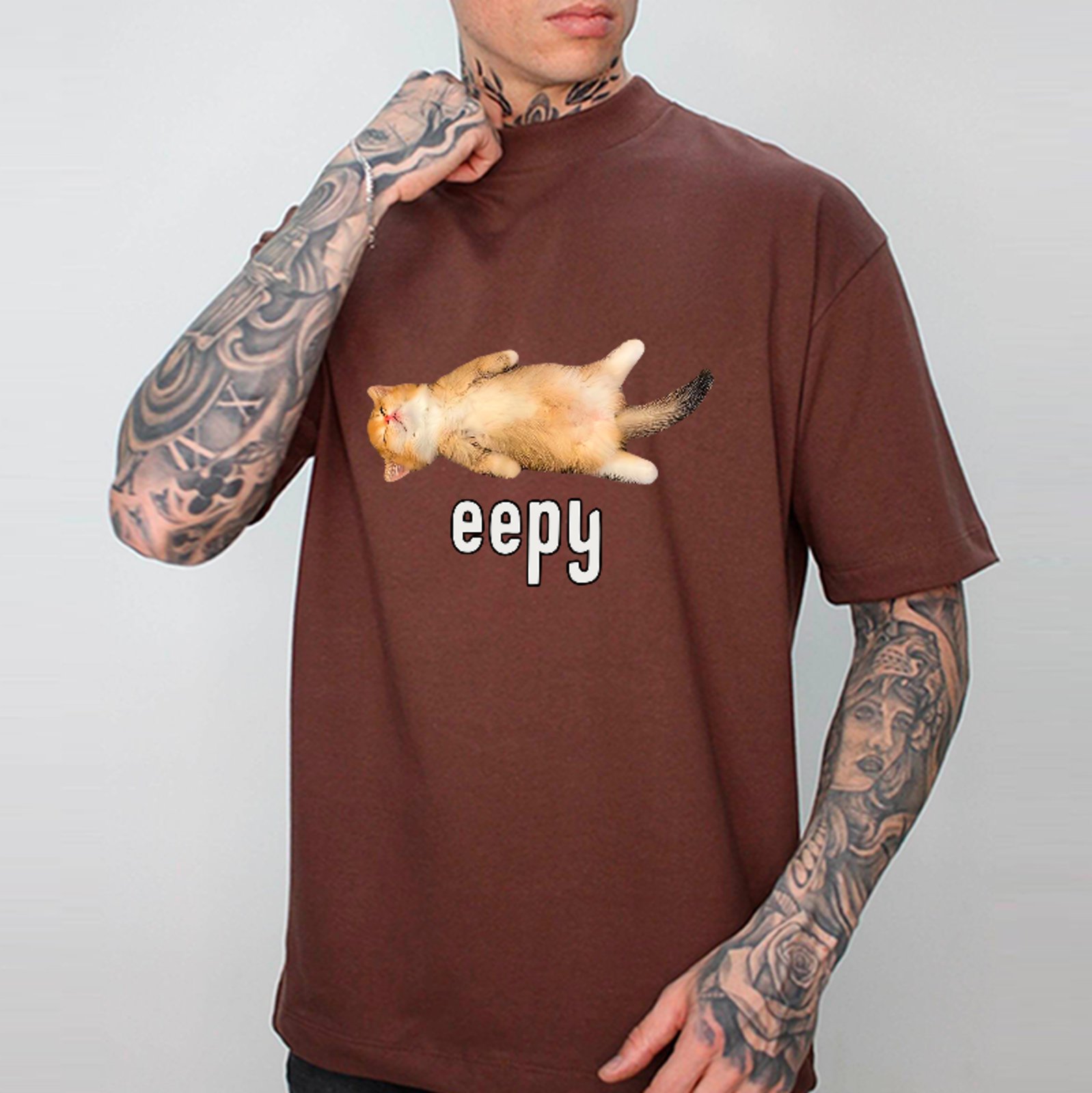 Camiseta Oversized Gato Eepy Funny Cat Unissex Marrom