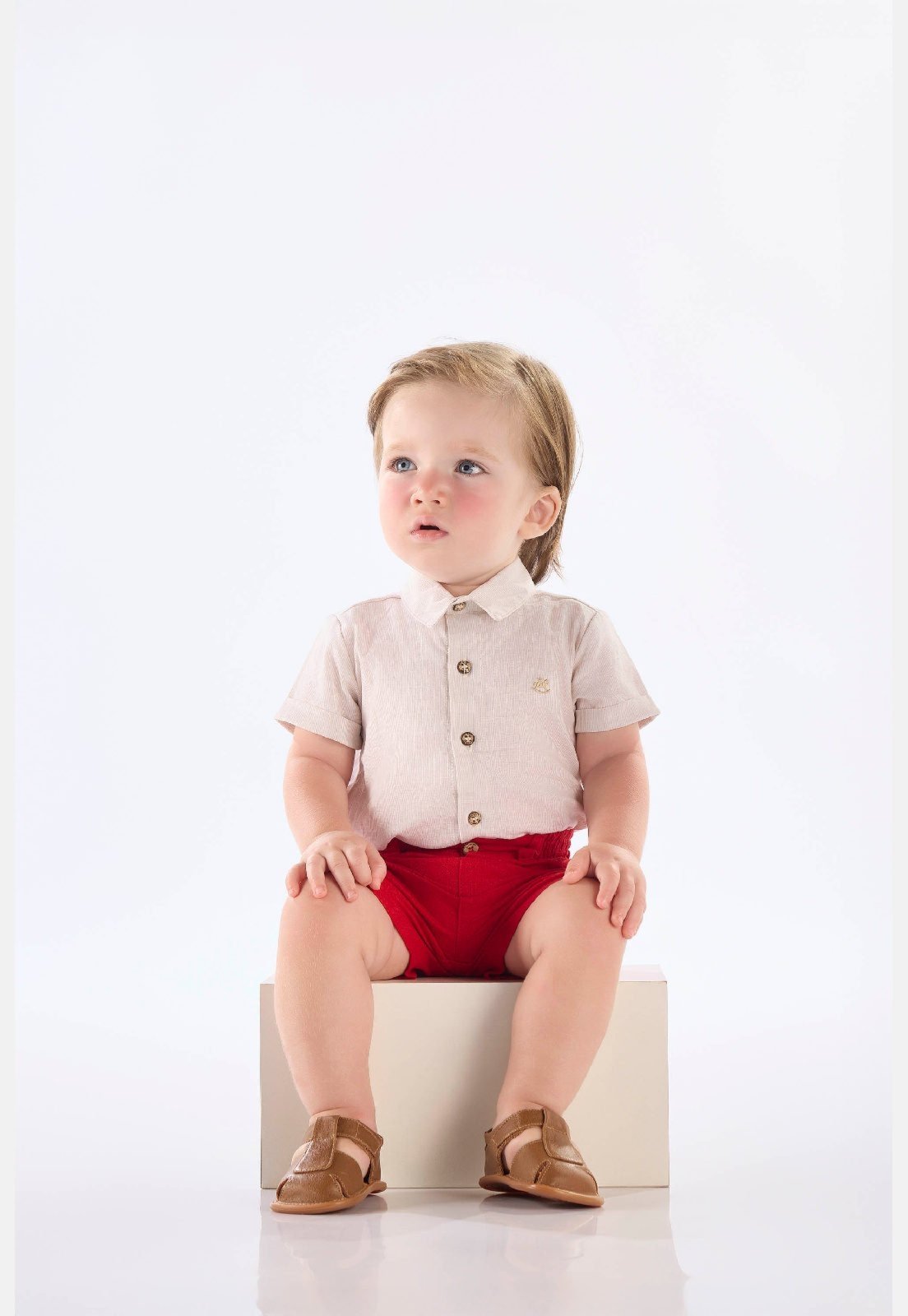 Infantil - Body Camisa Menino Algodão Linho Up Baby Bege