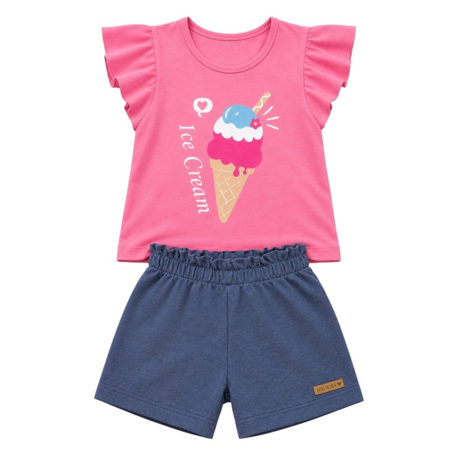 Infantil - Conjunto Menina Blusa Meia Malha Penteada Bermuda Cotton