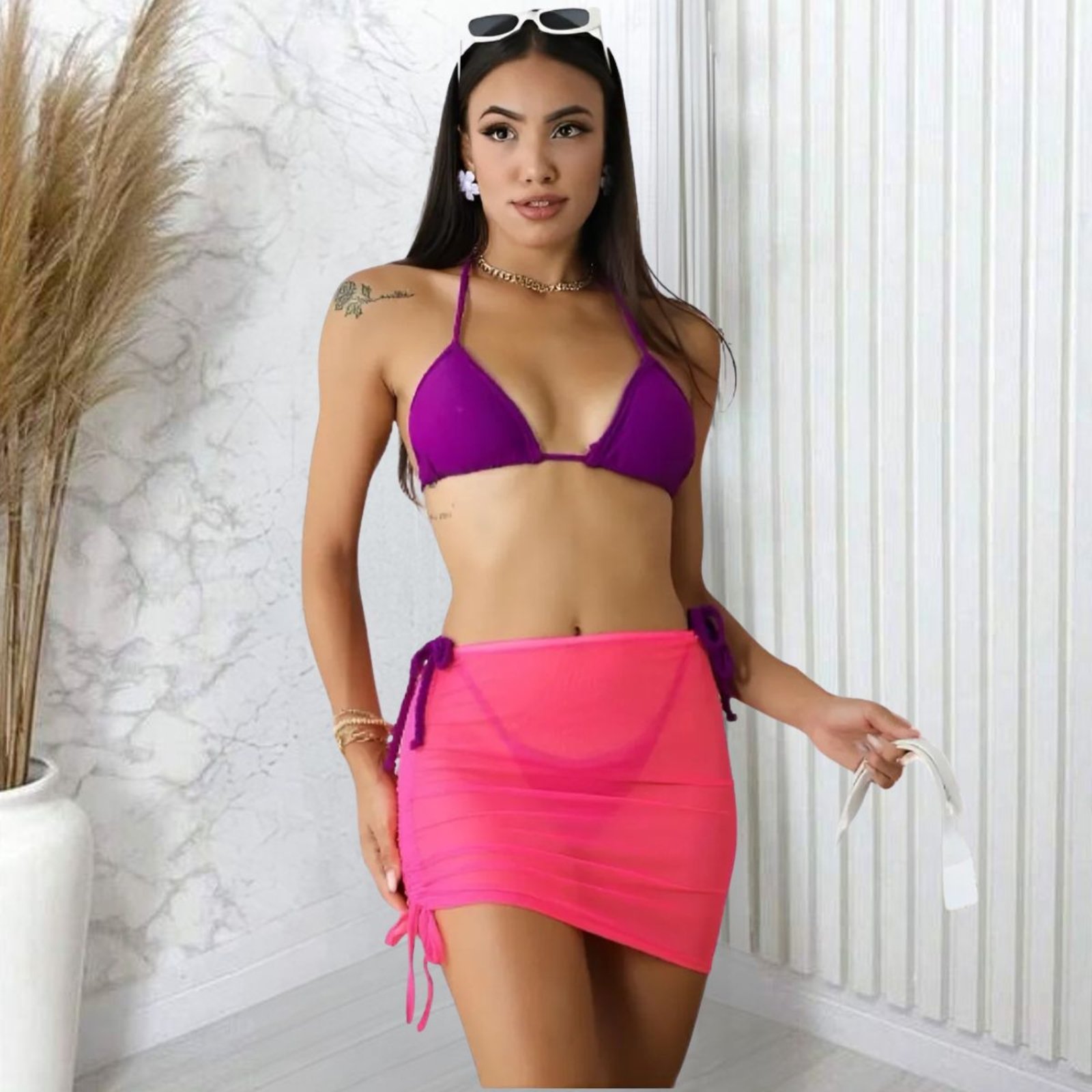 Saída De Praia Saia Curta Puxe Neon Moda Tendencia Feminina Pink