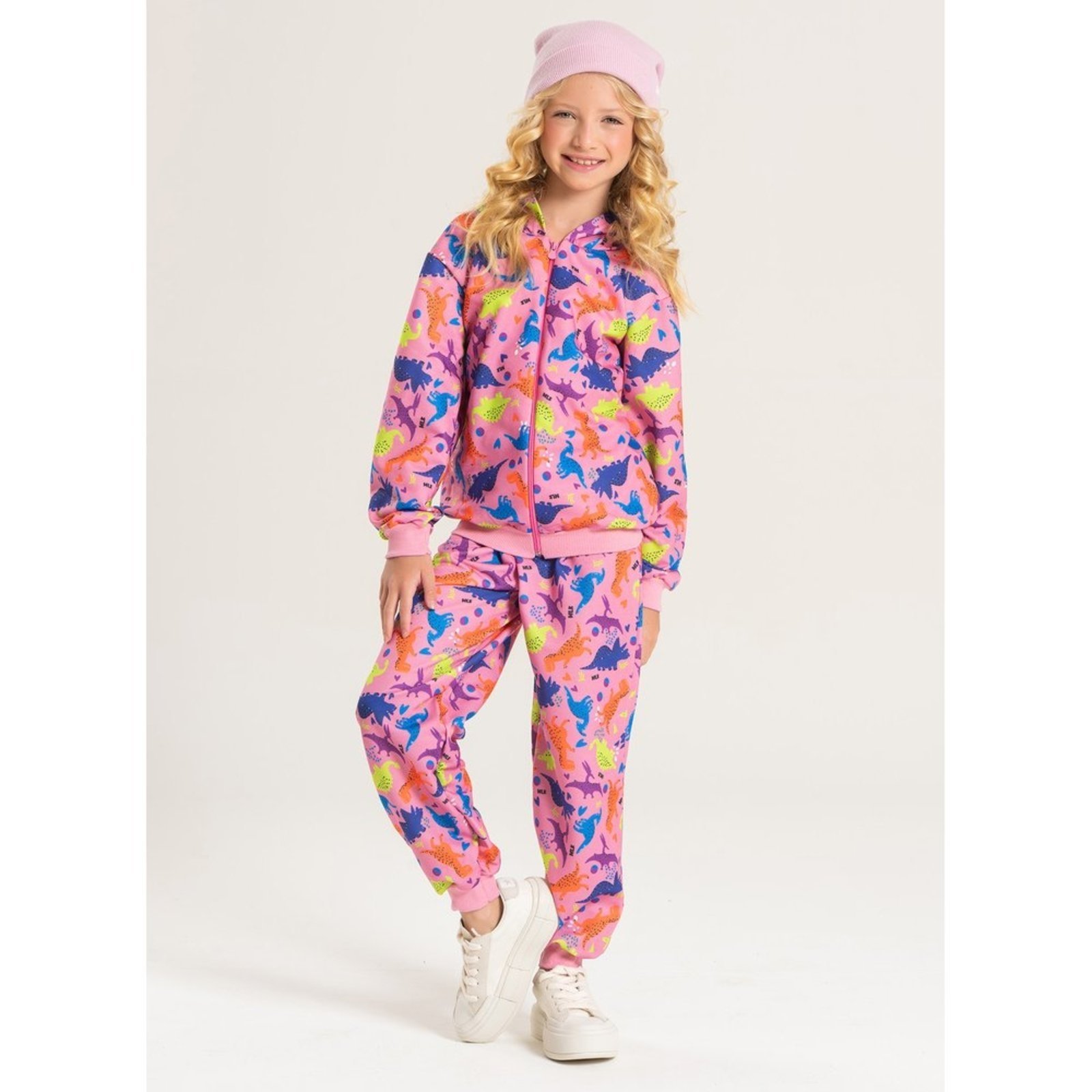 Infantil - Conjunto Inverno Menina Rosa Jaqueta Com Capuz e Calça em Moletom Dino