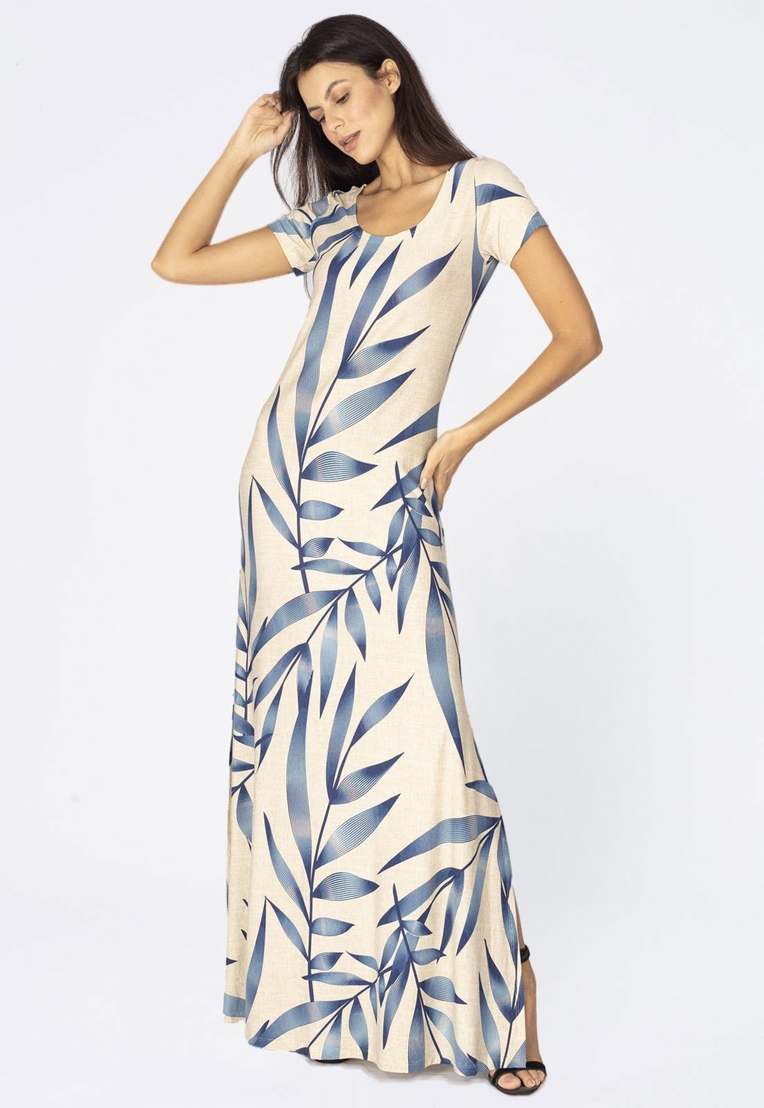 Vestido Longo Malha Gola Canoa Manga Curta Bambu Azul