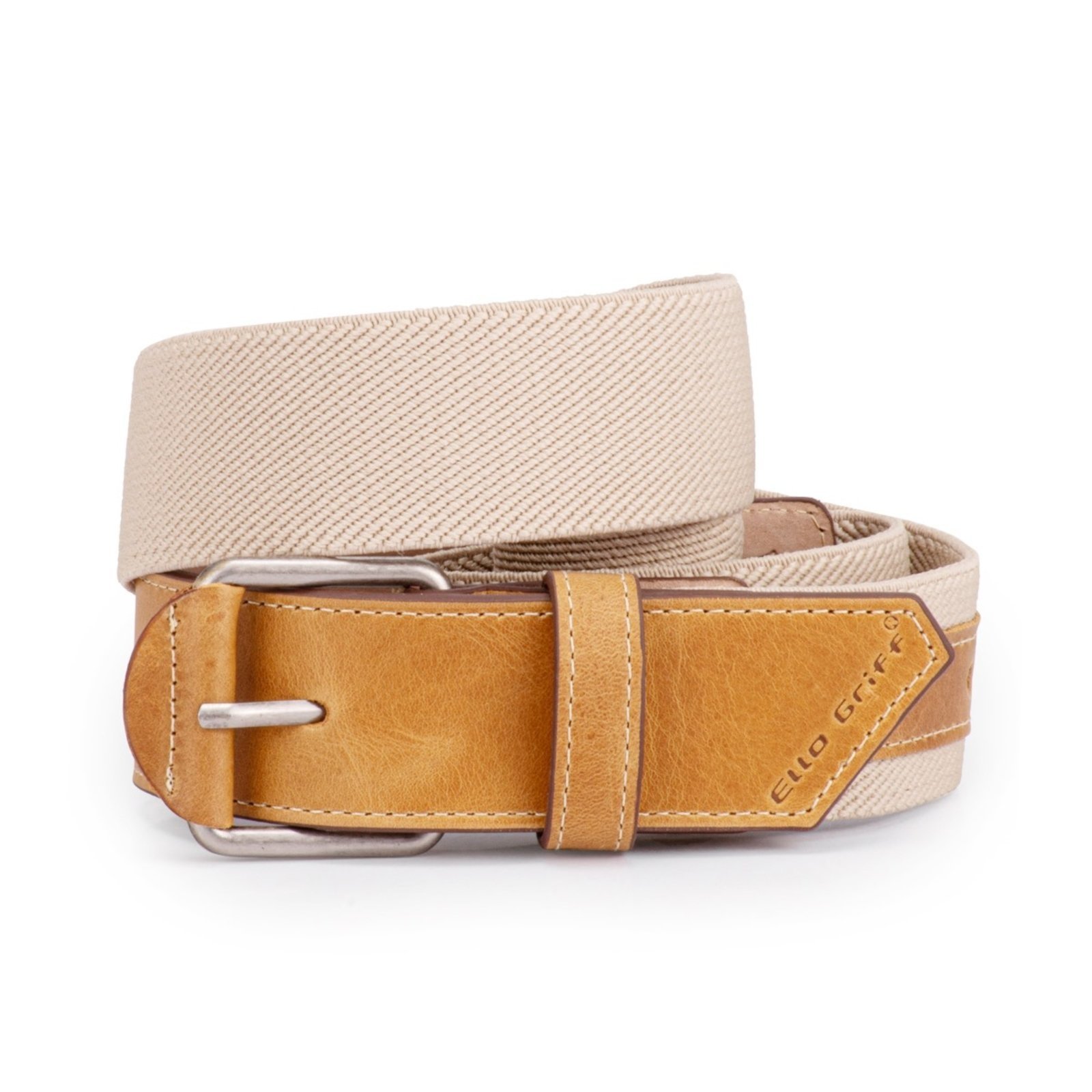Cinto Masculino Couro Legítimo Elástico Esportivo Plus Size Ello Griff Bege