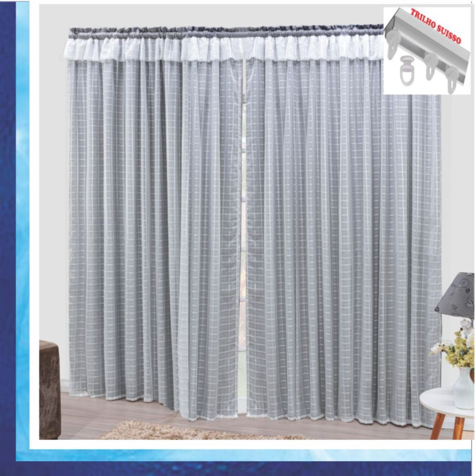 Cortina Romantic Semiblackout e Voal 3,00 x 2,60 Para Trilho Suisso - Cinza - 100% Poliéster