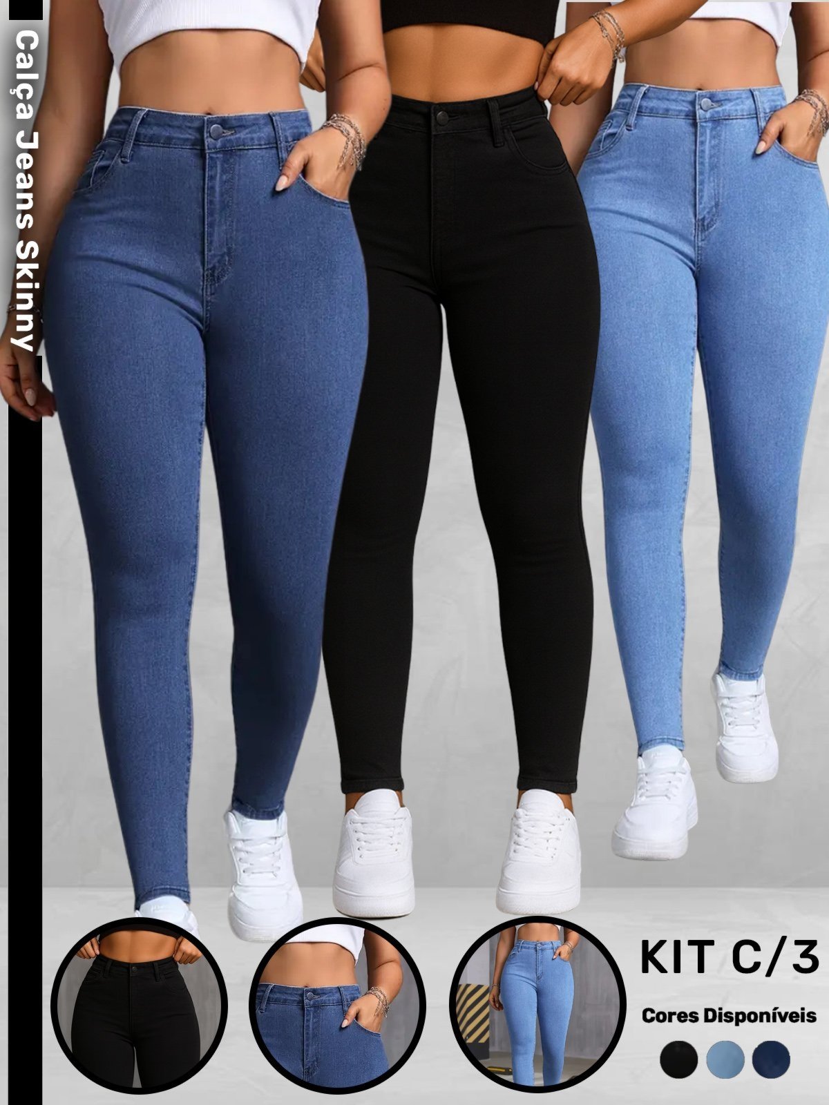 Kit 03 Calças Jeans Feminina Safira Moda Skinny Azul Escuro Preto e Azul Médio