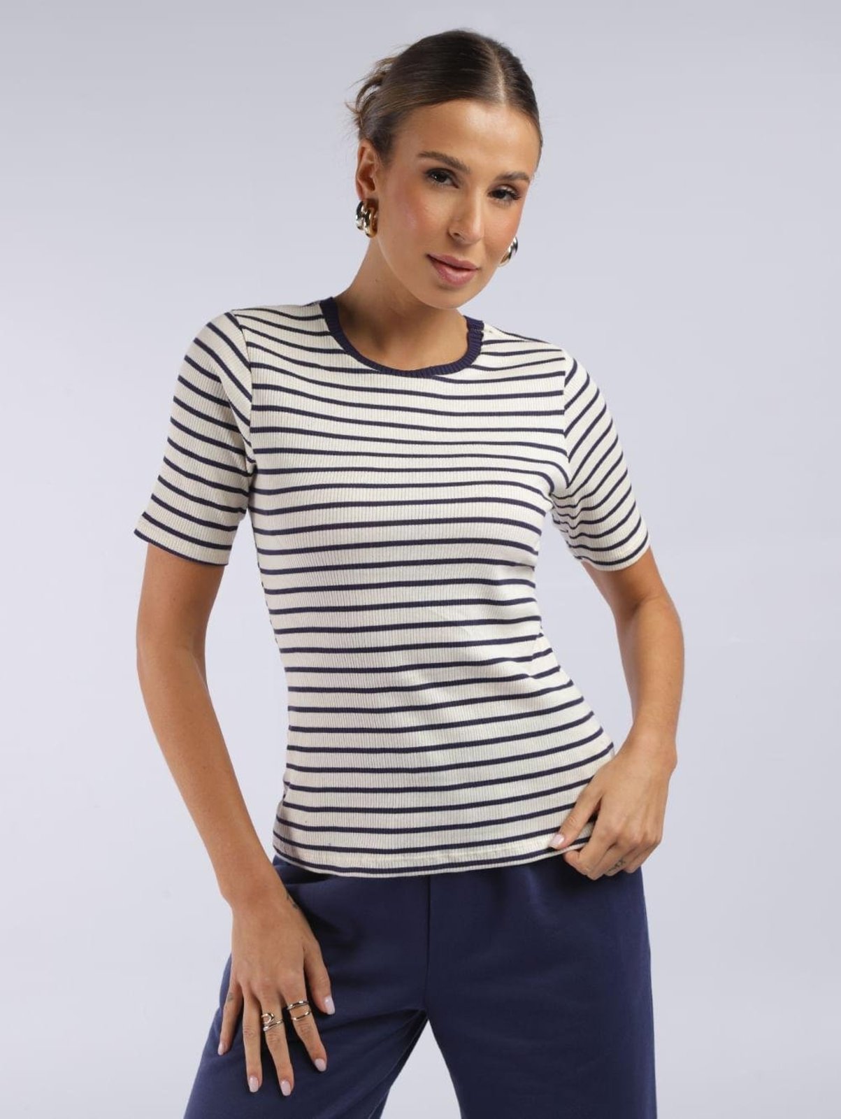 Blusa Mangas Curtas Listrada Feminina MARINHO