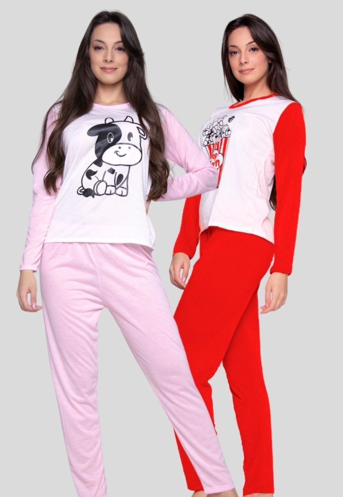 Kit WLS Modas 2 Pijamas Comfort Longo Malha Estampado Feminino Inverno Blusa e Calça Vermelho/Rosa