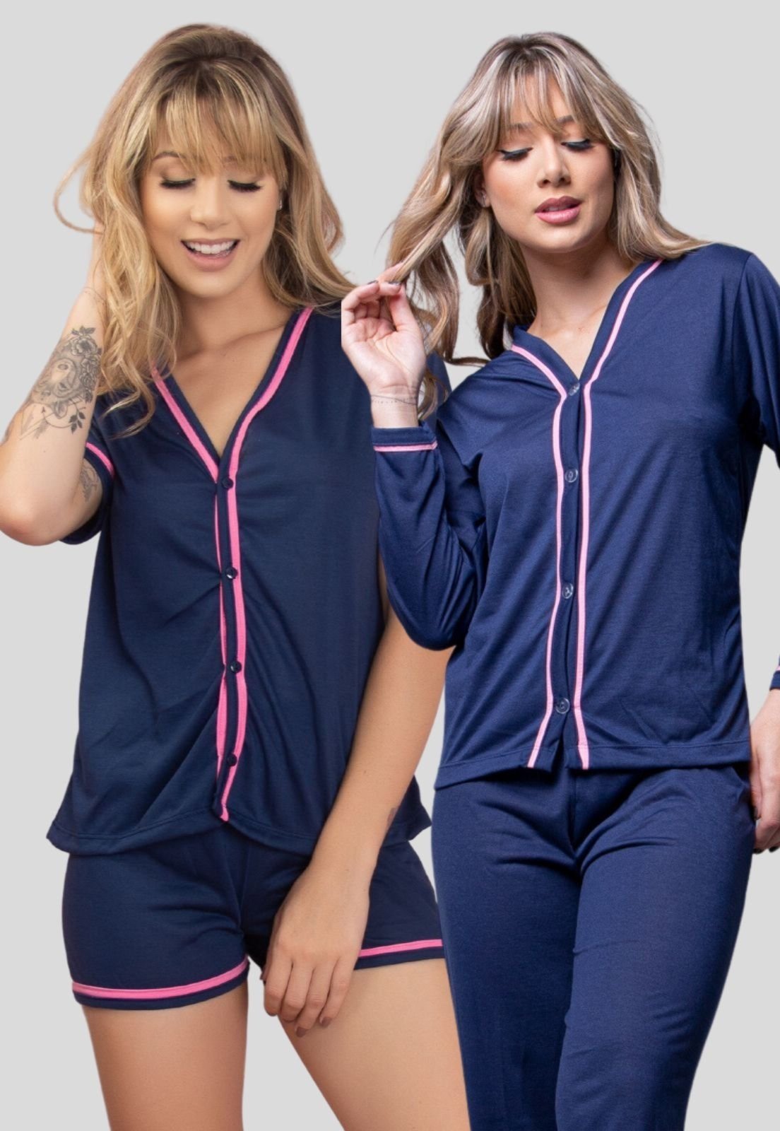 Combo Pijamas Blogueira Longo e Curto Aberto Botões Joyce Marinho