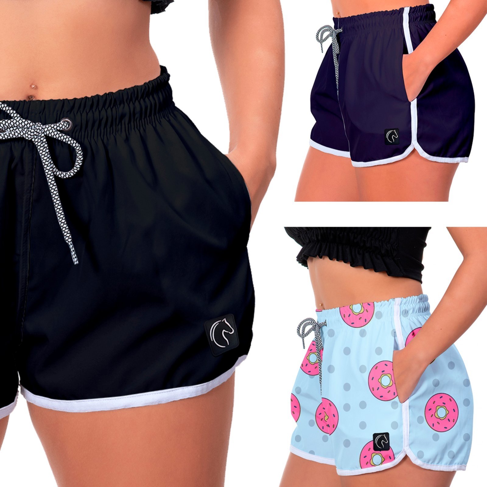 Kit 3 Shorts Feminino Premium Secagem Rápida com Elástico Cordão Ajustável e Bolsos Moda Praia Casual ou Treino Academia Preto, Azul Marinho e Rosquinhas