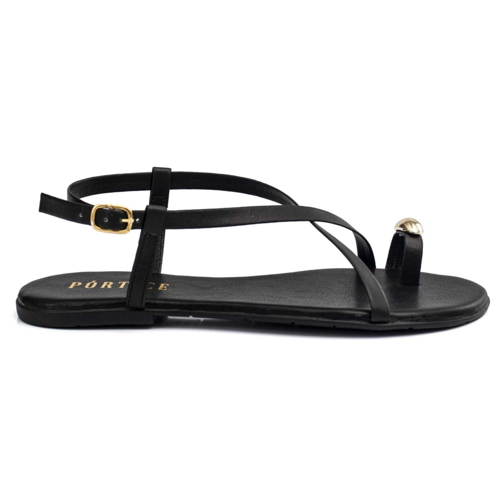 Sandália Feminina Rasteirinha Flat Flatform Rasteira Enfeite Anel Dedo Metal Preto