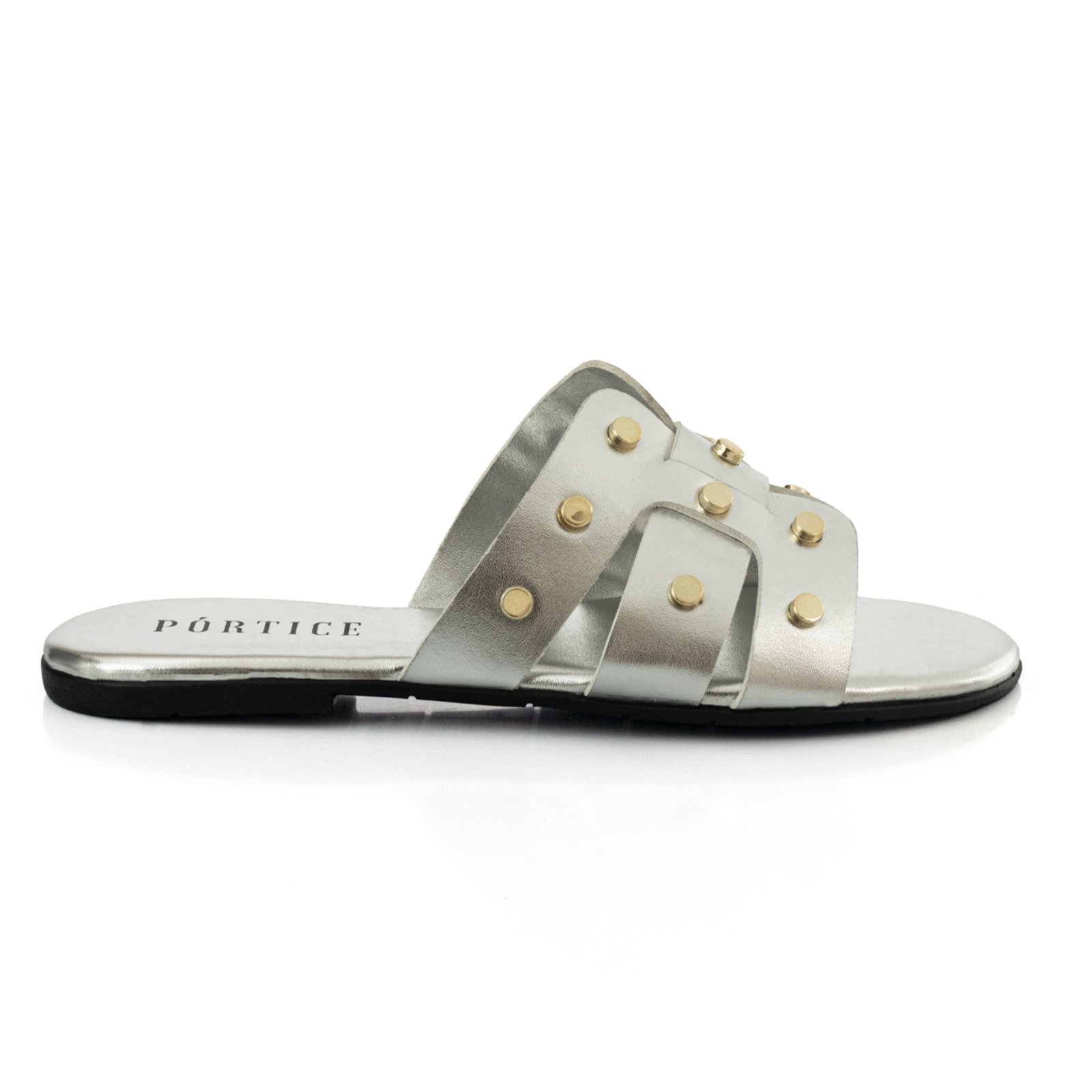 Sandália Feminina Rasteirinha Flat Flatform Rasteira Enfeite Metal Brilho Prata