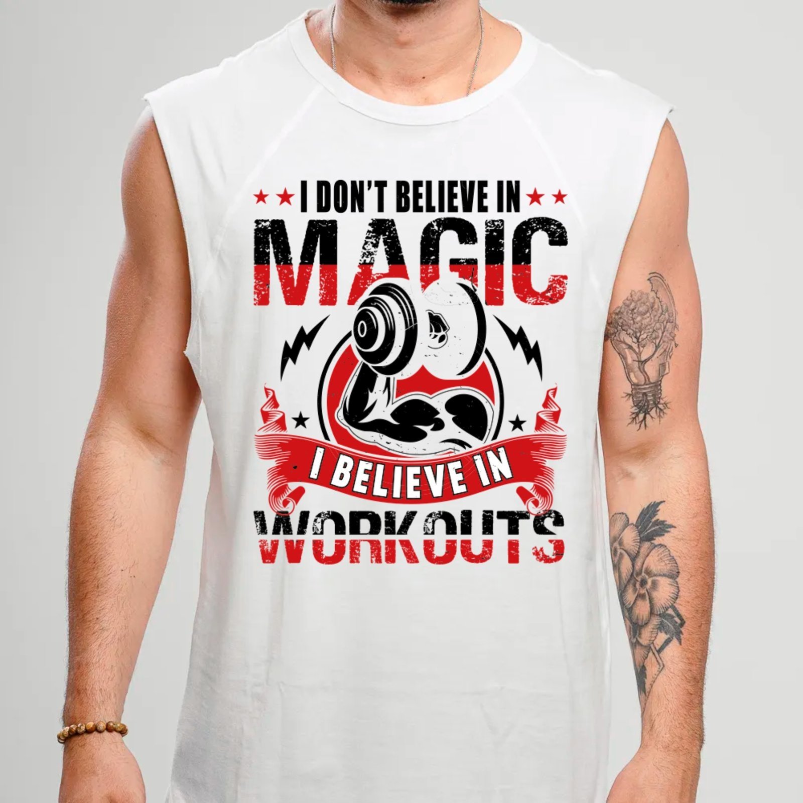 Camiseta Regata Machão Ousy I Believe In Workouts Oversized Masculina Branco