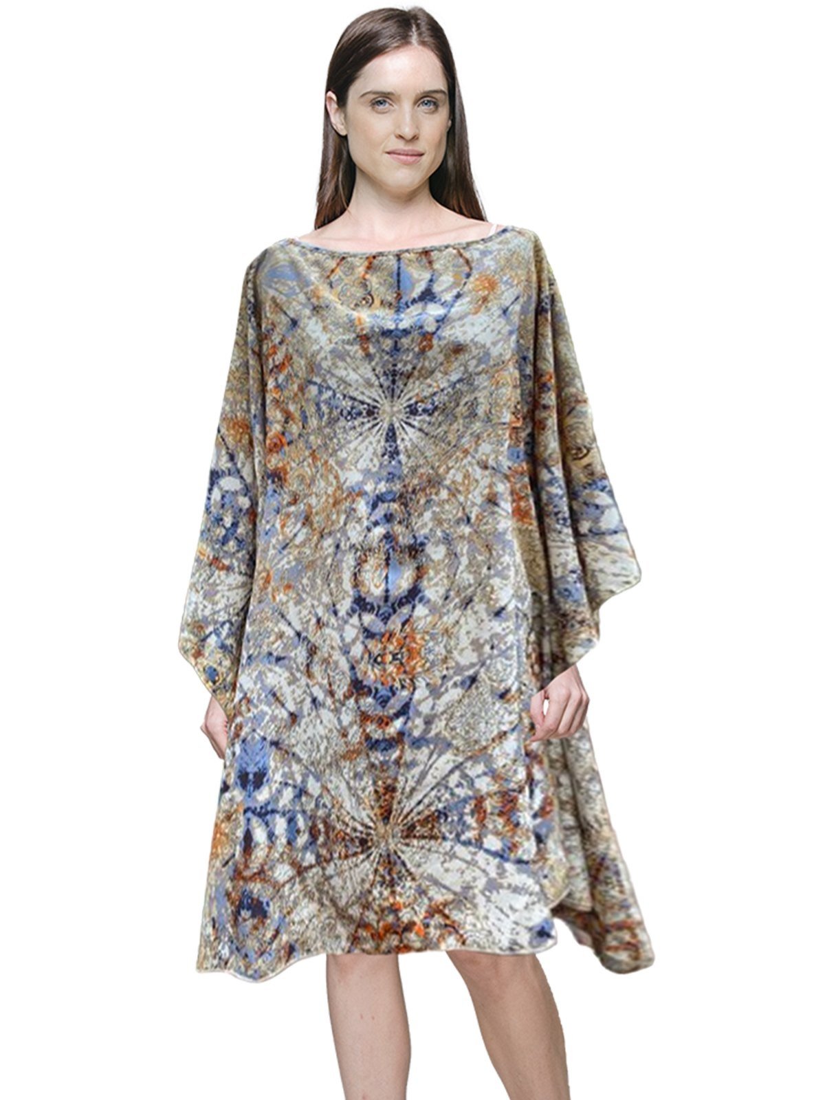 Vestido Kaftan Saída Amplo Crepe Opaco Estampado Caxemir Bege Laranja Azul