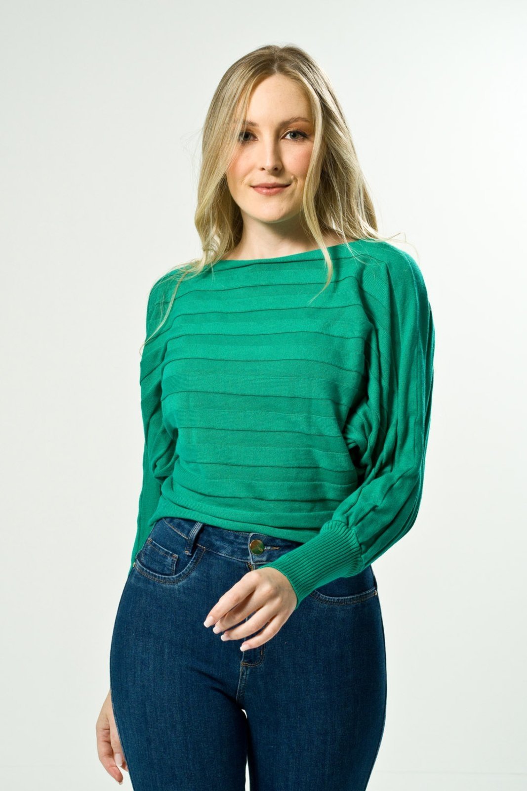 Blusa Algodão Shirley Malhas Morcego Barrada Verde