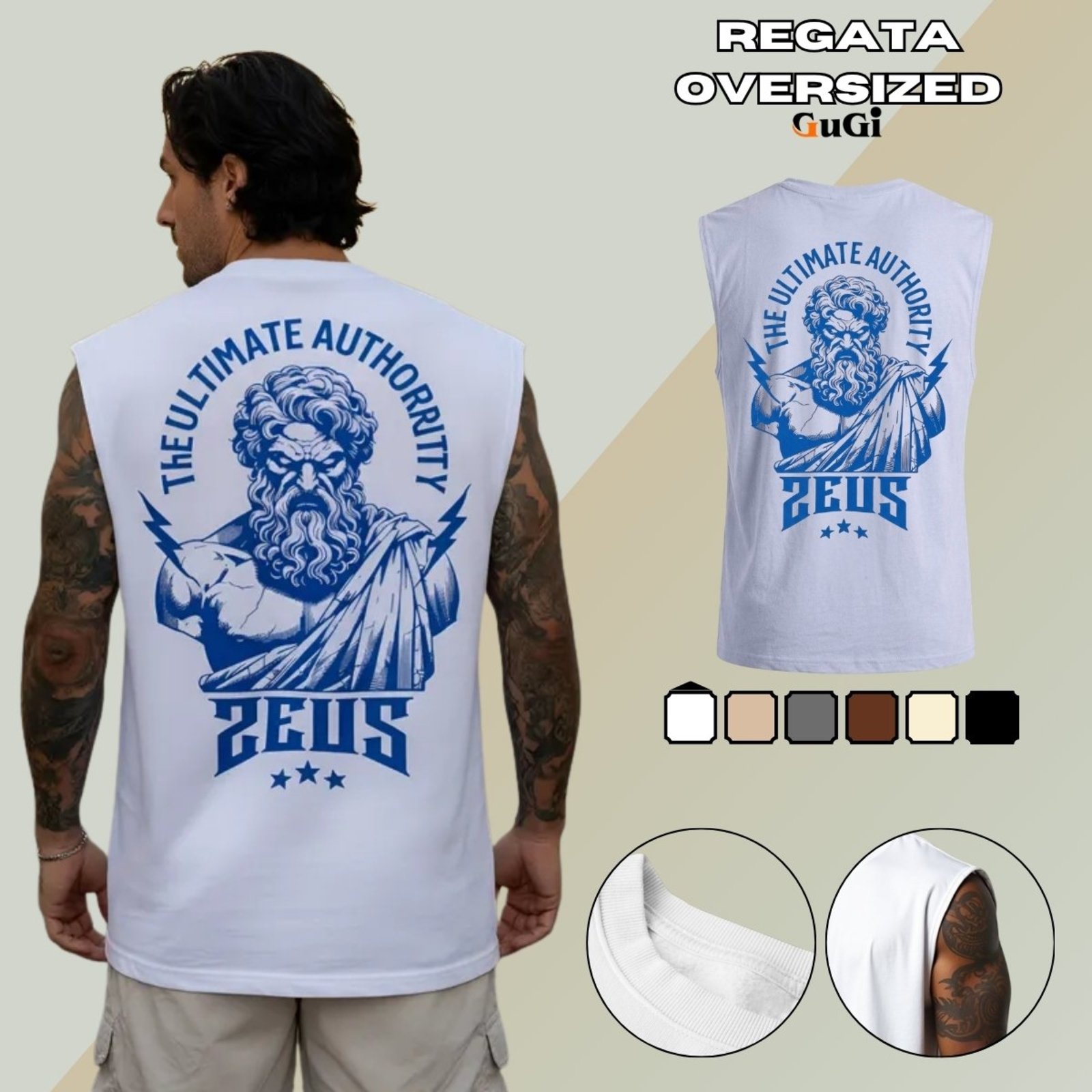 Camiseta Regata Masculina Oversized Estampada Mitologia Grega Zeus 100% Algodão 30.1 - Branco