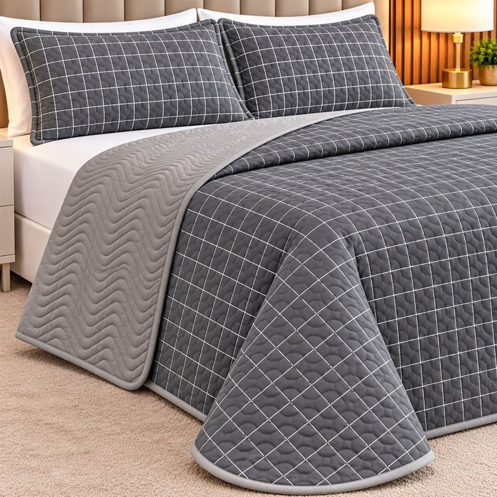 Cobre Leito Colcha Floraltta Queen 3 Peças Percal 150 Fios Dupla Face - Cinza