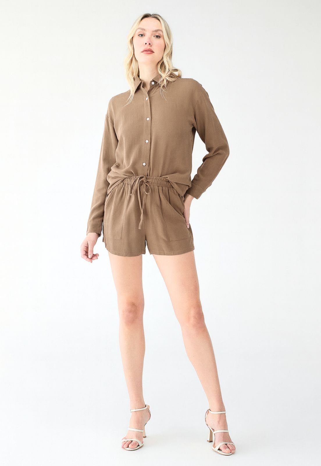 Conjunto Feminino De Linho 77vs Levosch Camisa e Shorts Nude
