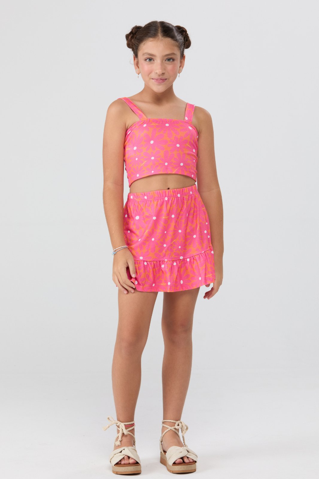 Infantil - Conjunto Cropped Saia Florido Laranja