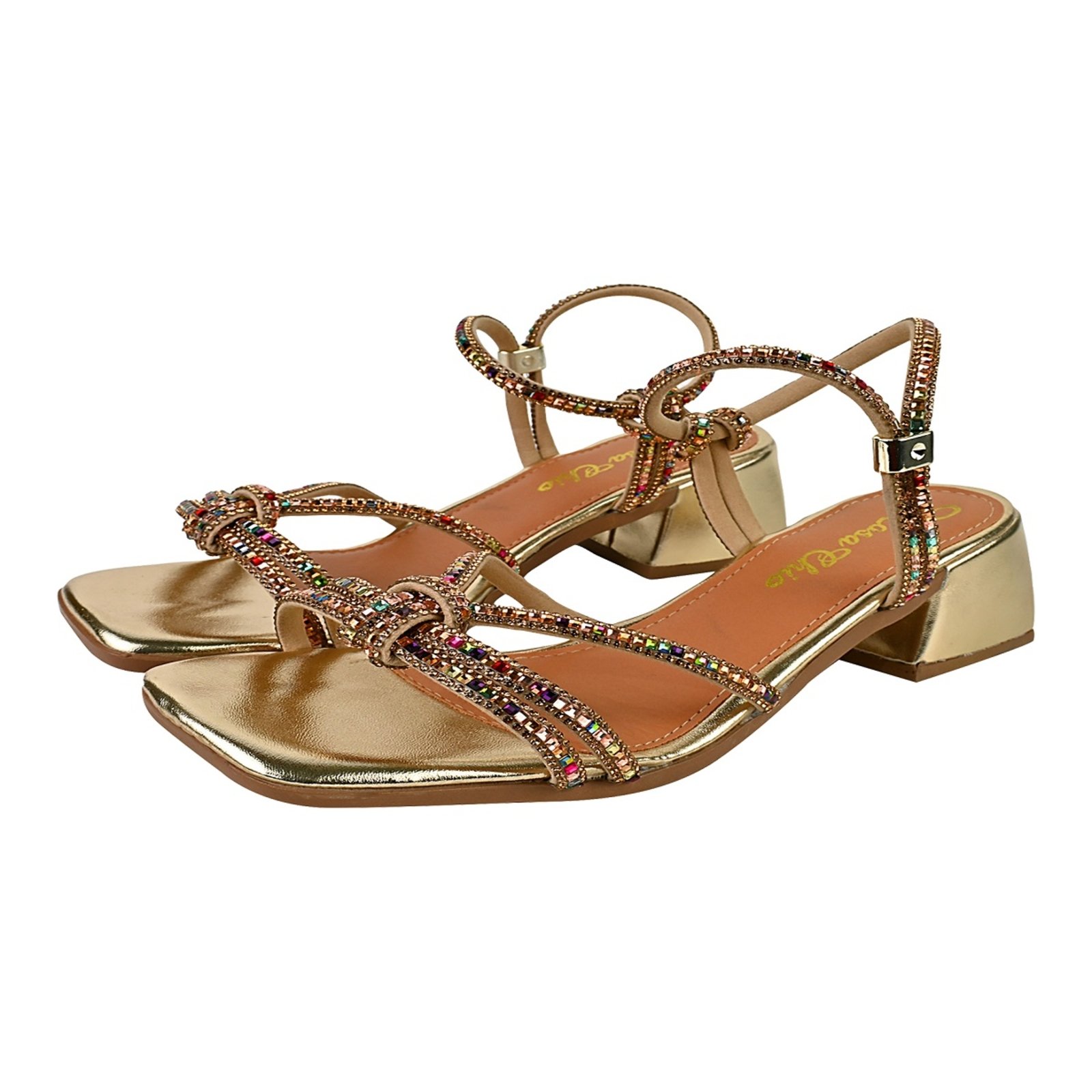 Sandália Feminina Salto Bloco Médio Tiras Strass Brilho Colorido Elegante Confortável Casual Festas Dourado