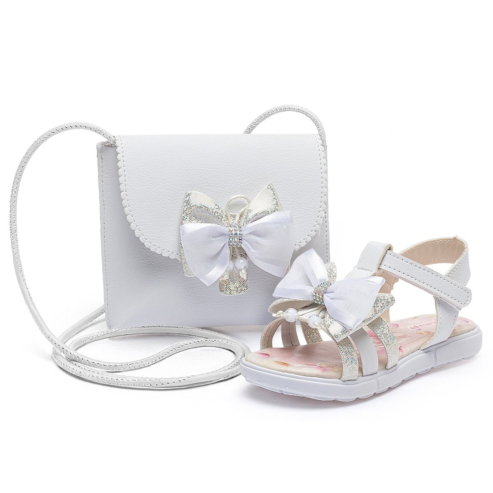 Infantil - Kit Sandália Rasteirinha Bolsa Menina Laço Brilho Festa Mzkid