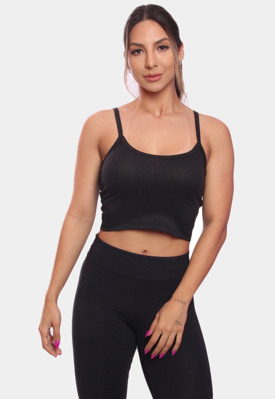 Top Cropped Alcinha Canelado Feminino Lisa Blusa Blusinha Básica Preto