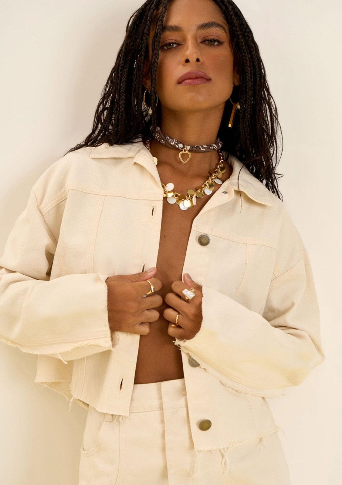 Jaqueta Zinco Solta Manga Longa Cropped Off-white