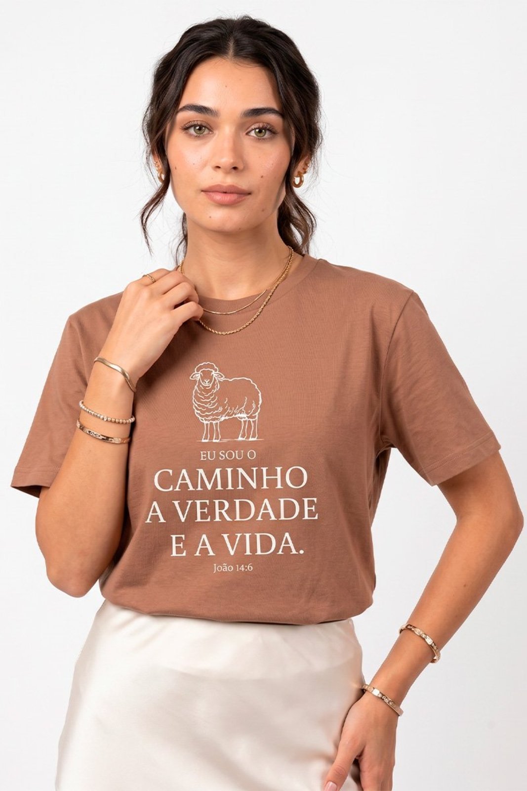 Camiseta Cianitas Marrom Estampa Eu Sou O Caminho