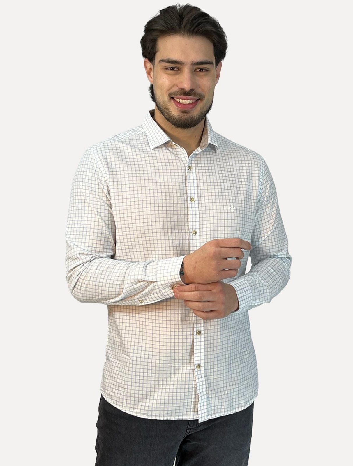 Camisa Dudalina Masculina Slim Slub Cotton Xadrez Branca