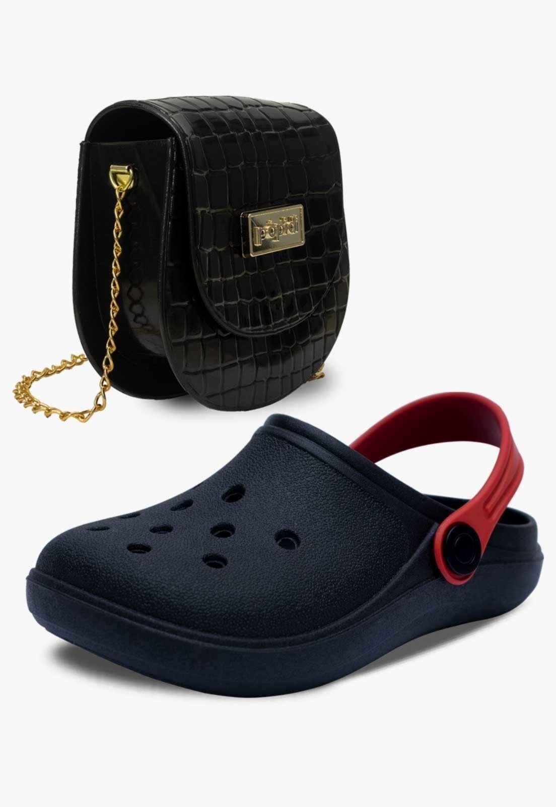 Infantil – Kit Bolsa e Sandalia Babuche Chinelo Pópidi Menina Preto