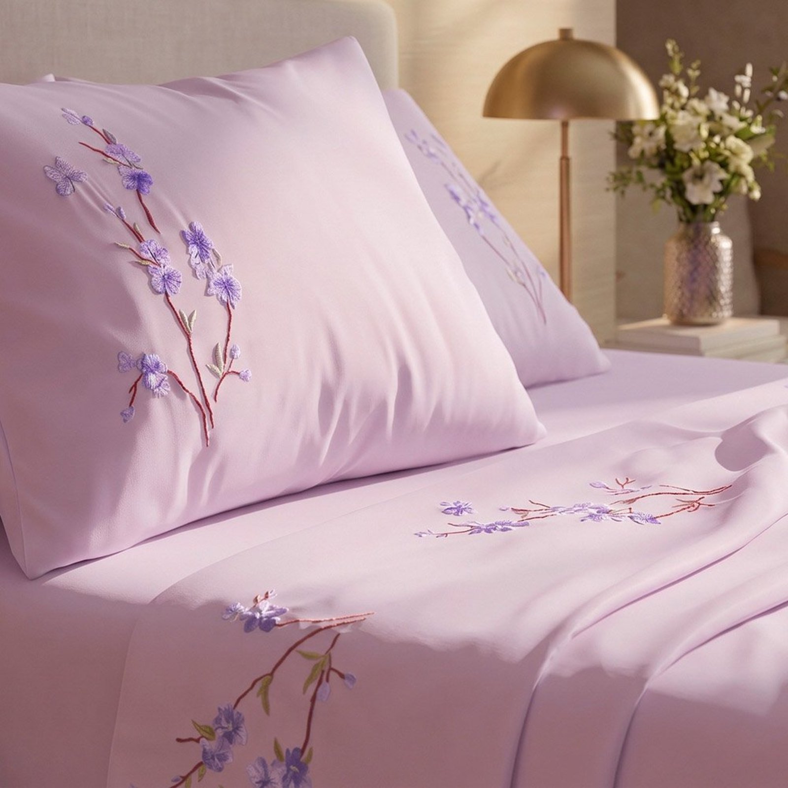Jogo de Cama Lençol Casal Botanique Floral Micropercal 300 Fios Bordado 4 Peças Lavanda