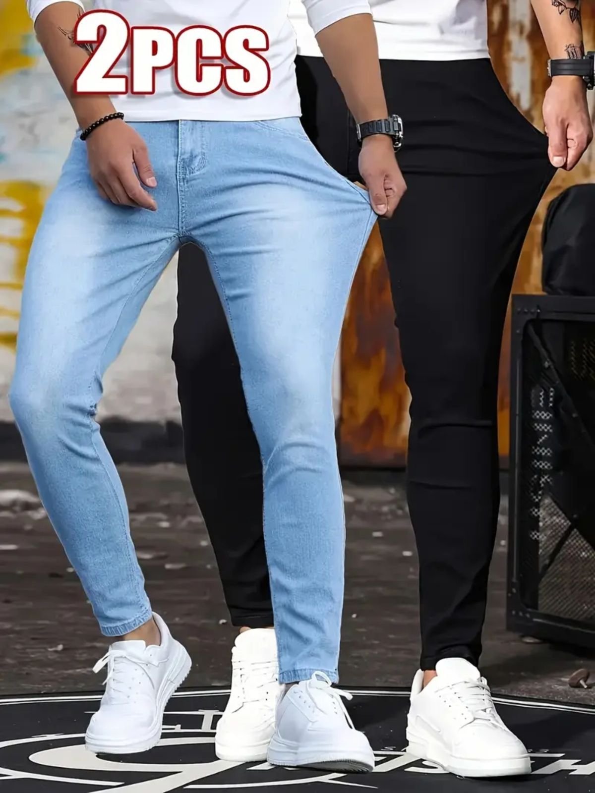 Kit 2 Calças Jeans Masculina Skinny Kovali Casual Premium Confortável com Elastano Azul e Preto