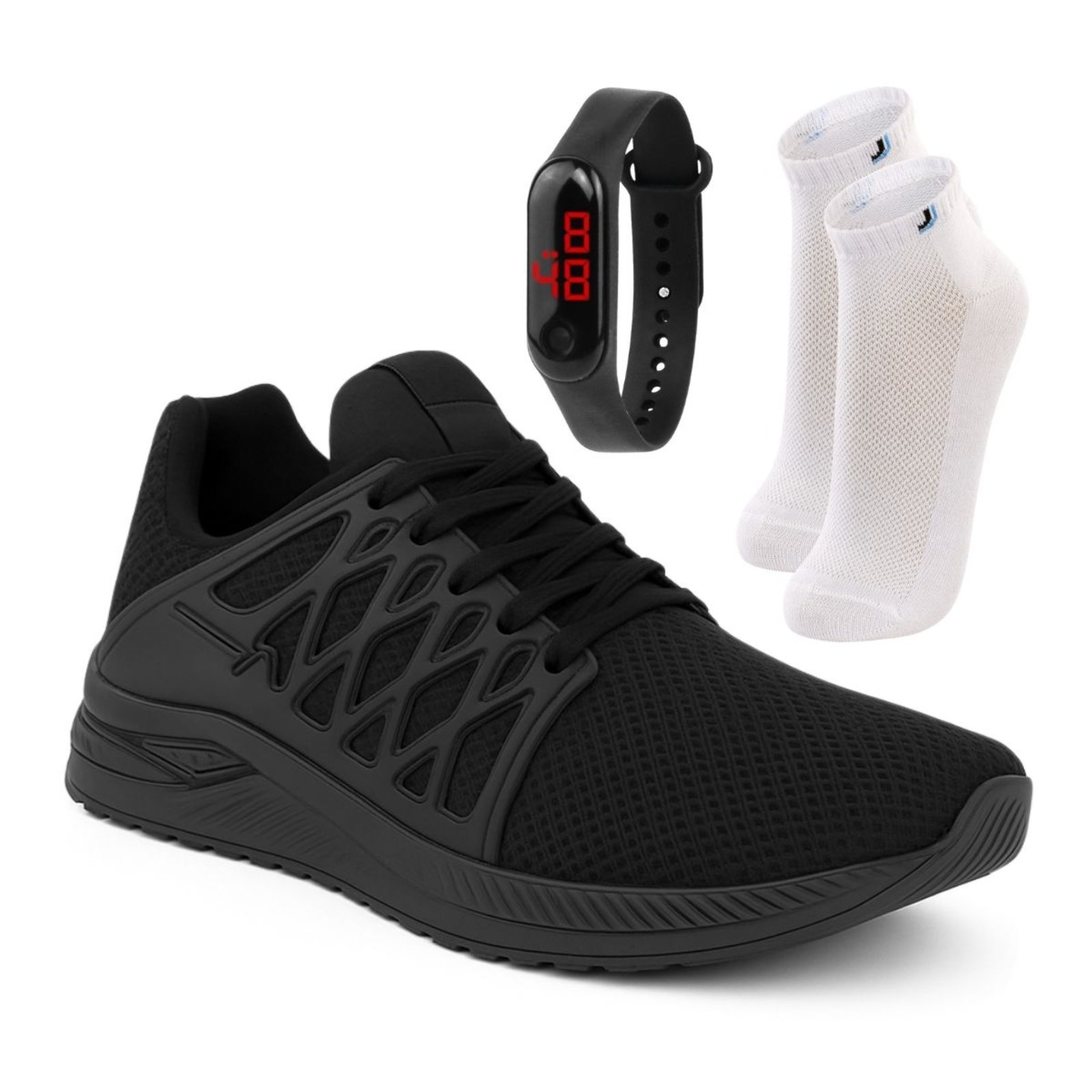 Kit Tênis Masculino Sapatofran com Meia Cano Médio LUPO e Relógio Digital Preto
