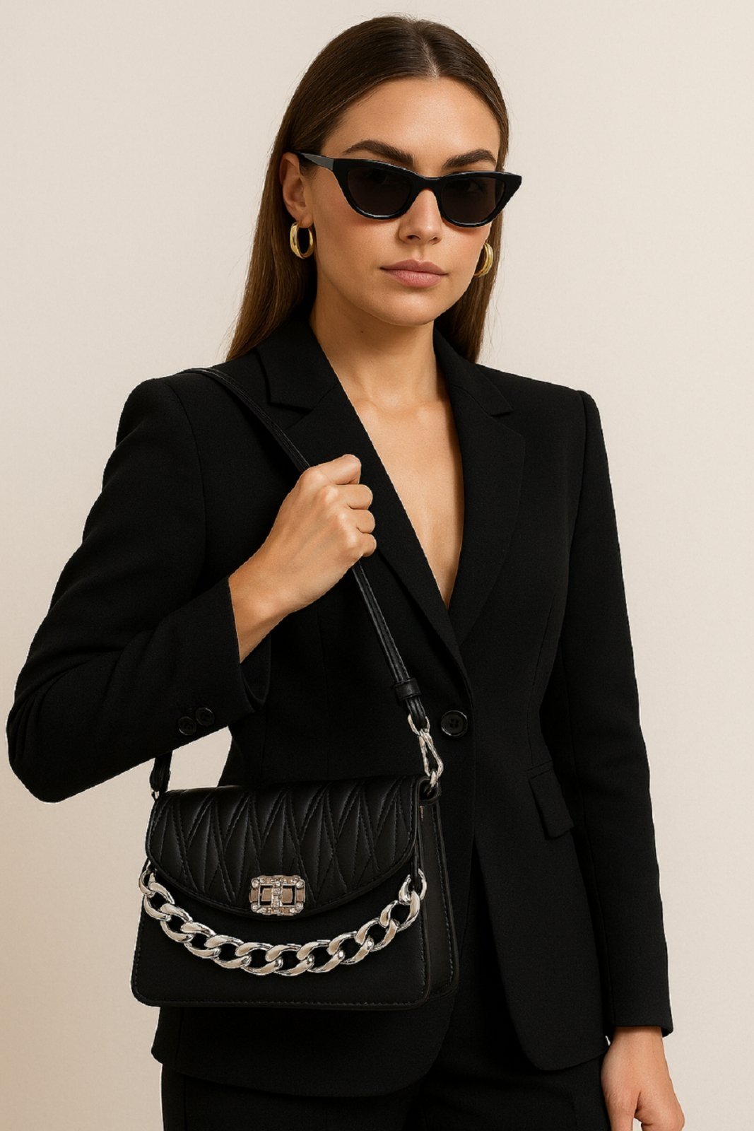 Bolsa Transversal Feminino Elegante Reforçada Tiracolo com Corrente Preto