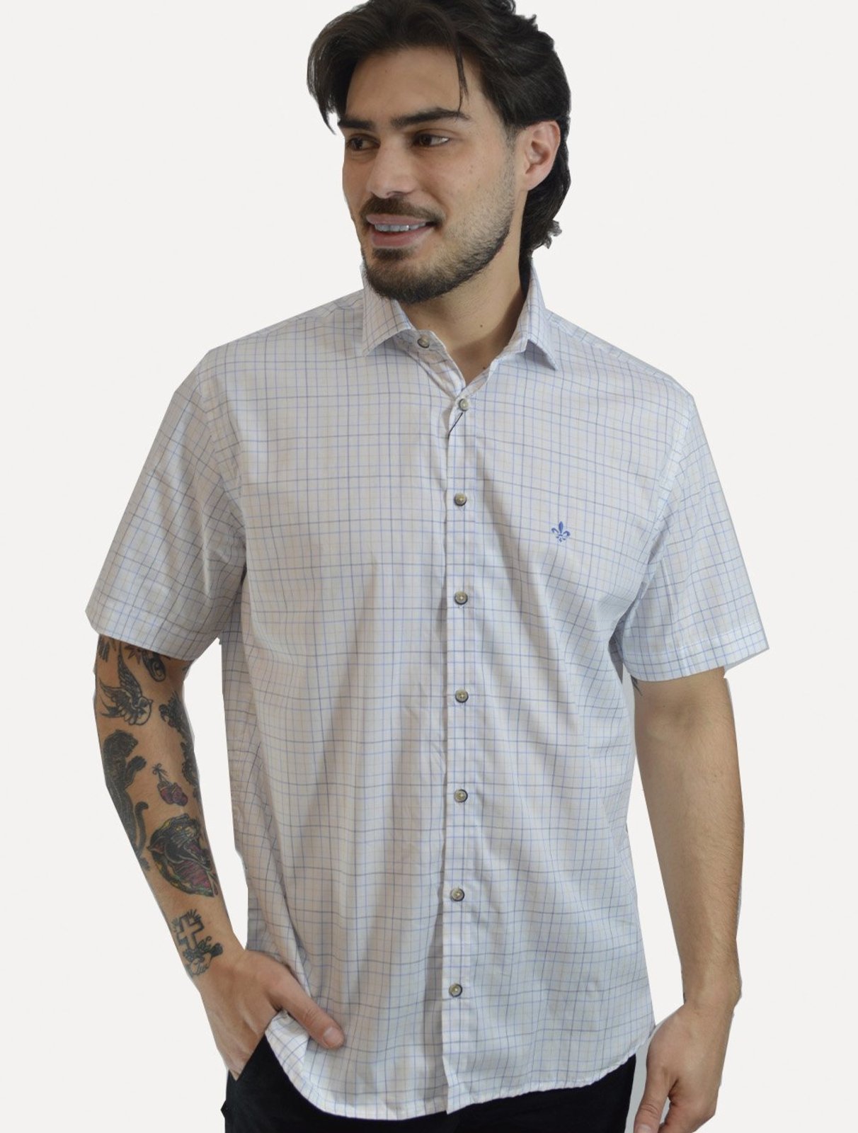 Camisa Dudalina Masculina Manga Curta Slim Flamê Blue Xadrez Branca